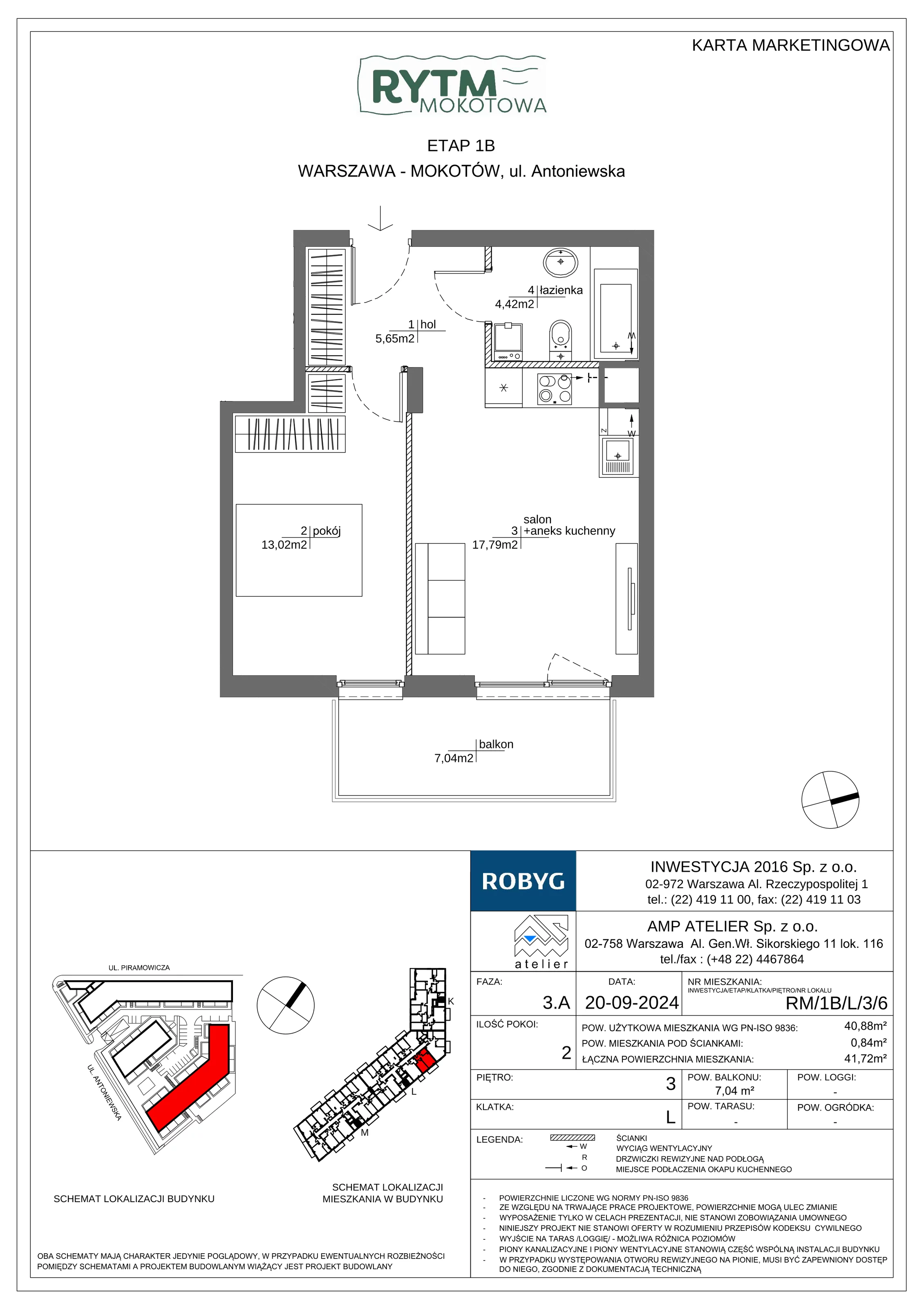 2 pokoje, mieszkanie 40,88 m², piętro 3, oferta nr RM/1B/L/3/6, Rytm Mokotowa 1B, Warszawa, Mokotów, Augustówka, ul. Antoniewska / Piramowicza