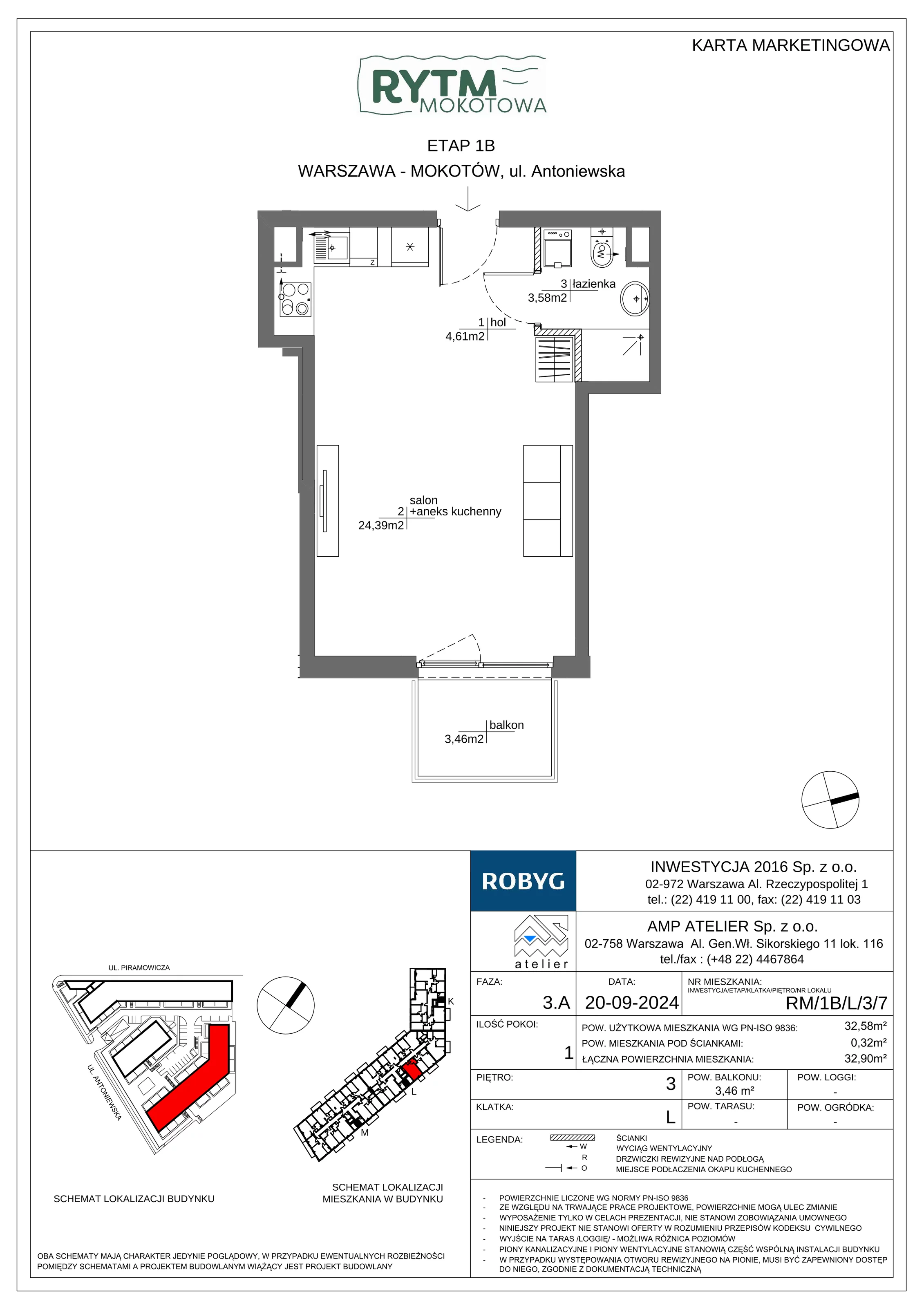 1 pokój, mieszkanie 32,58 m², piętro 3, oferta nr RM/1B/L/3/7, Rytm Mokotowa 1B, Warszawa, Mokotów, Augustówka, ul. Antoniewska / Piramowicza