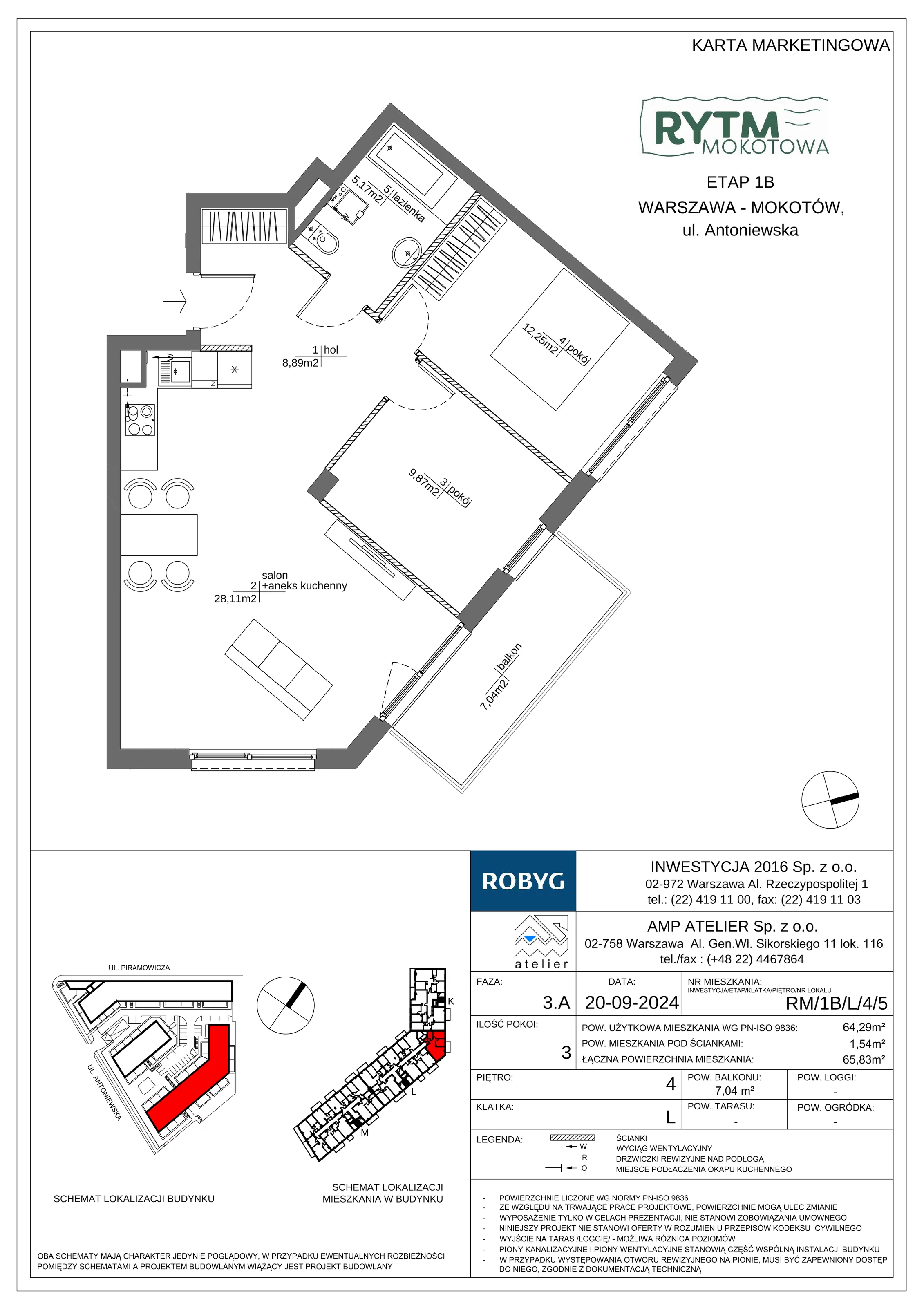 3 pokoje, mieszkanie 64,29 m², piętro 4, oferta nr RM/1B/L/4/5, Rytm Mokotowa 1B, Warszawa, Mokotów, Augustówka, ul. Antoniewska / Piramowicza