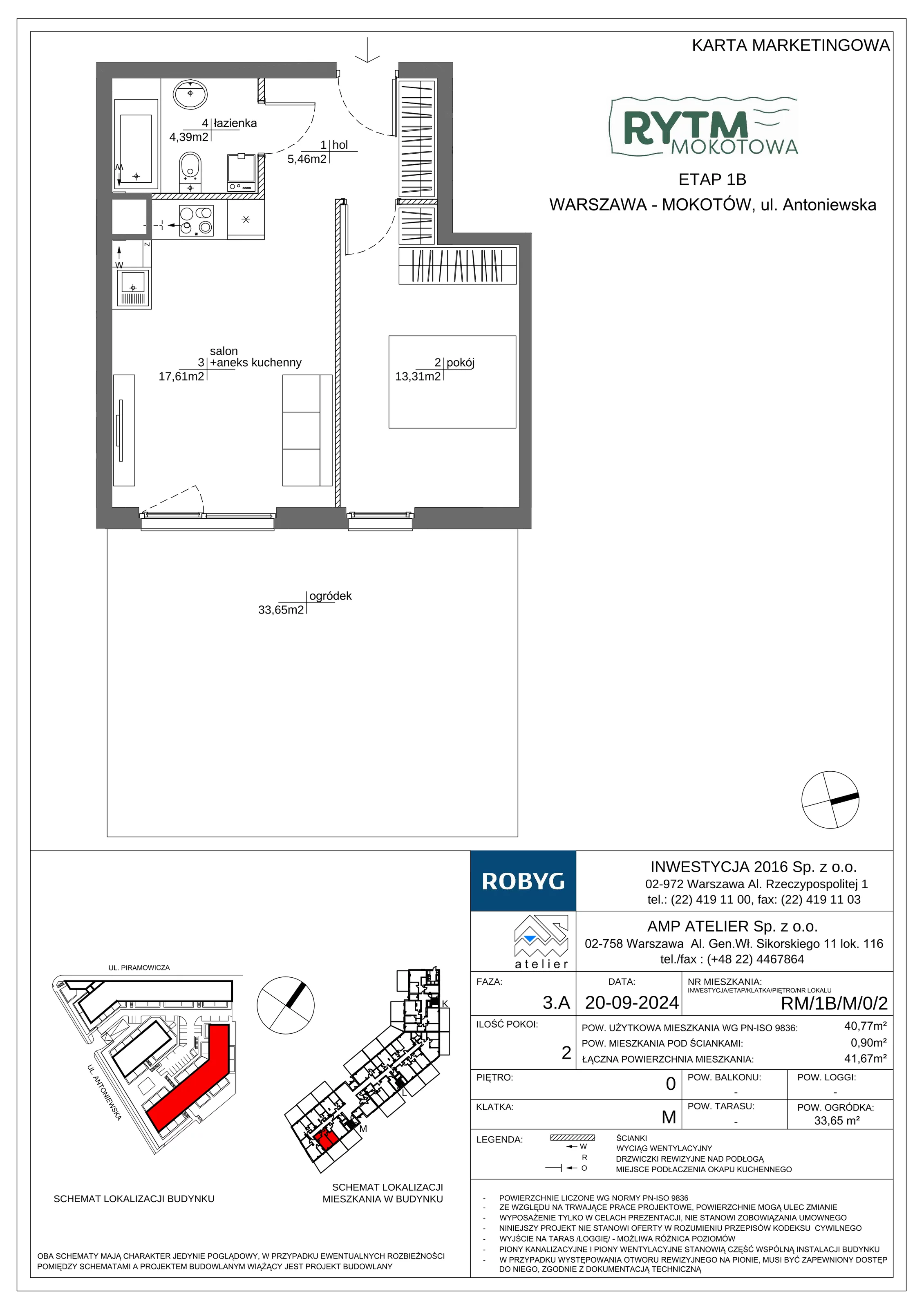 2 pokoje, mieszkanie 40,77 m², parter, oferta nr RM/1B/M/0/2, Rytm Mokotowa 1B, Warszawa, Mokotów, Augustówka, ul. Antoniewska / Piramowicza