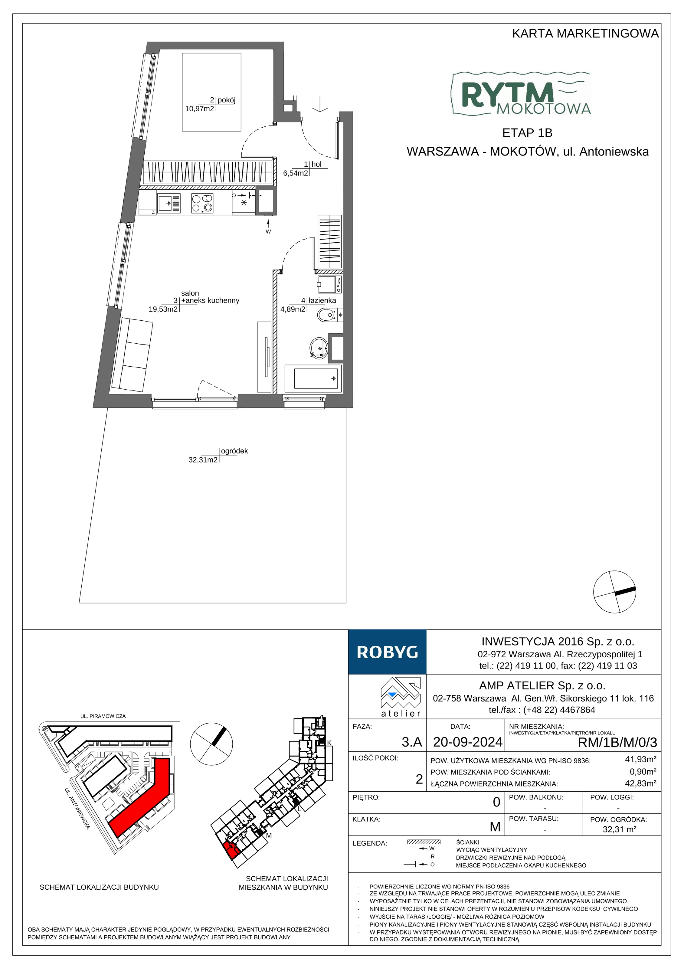 2 pokoje, mieszkanie 41,93 m², parter, oferta nr RM/1B/M/0/3, Rytm Mokotowa 1B, Warszawa, Mokotów, Augustówka, ul. Antoniewska / Piramowicza