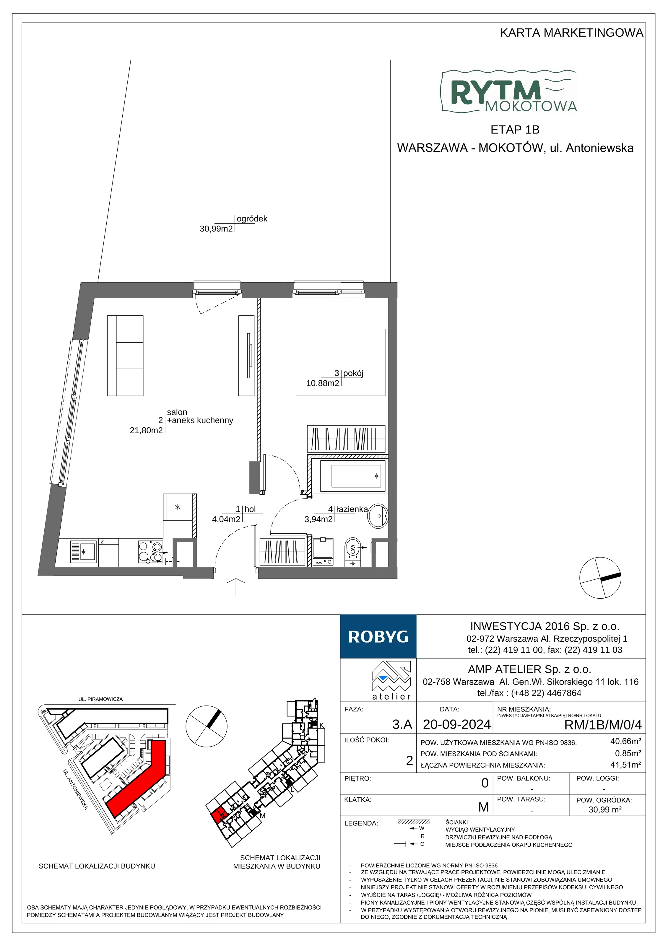 2 pokoje, mieszkanie 40,66 m², parter, oferta nr RM/1B/M/0/4, Rytm Mokotowa 1B, Warszawa, Mokotów, Augustówka, ul. Antoniewska / Piramowicza