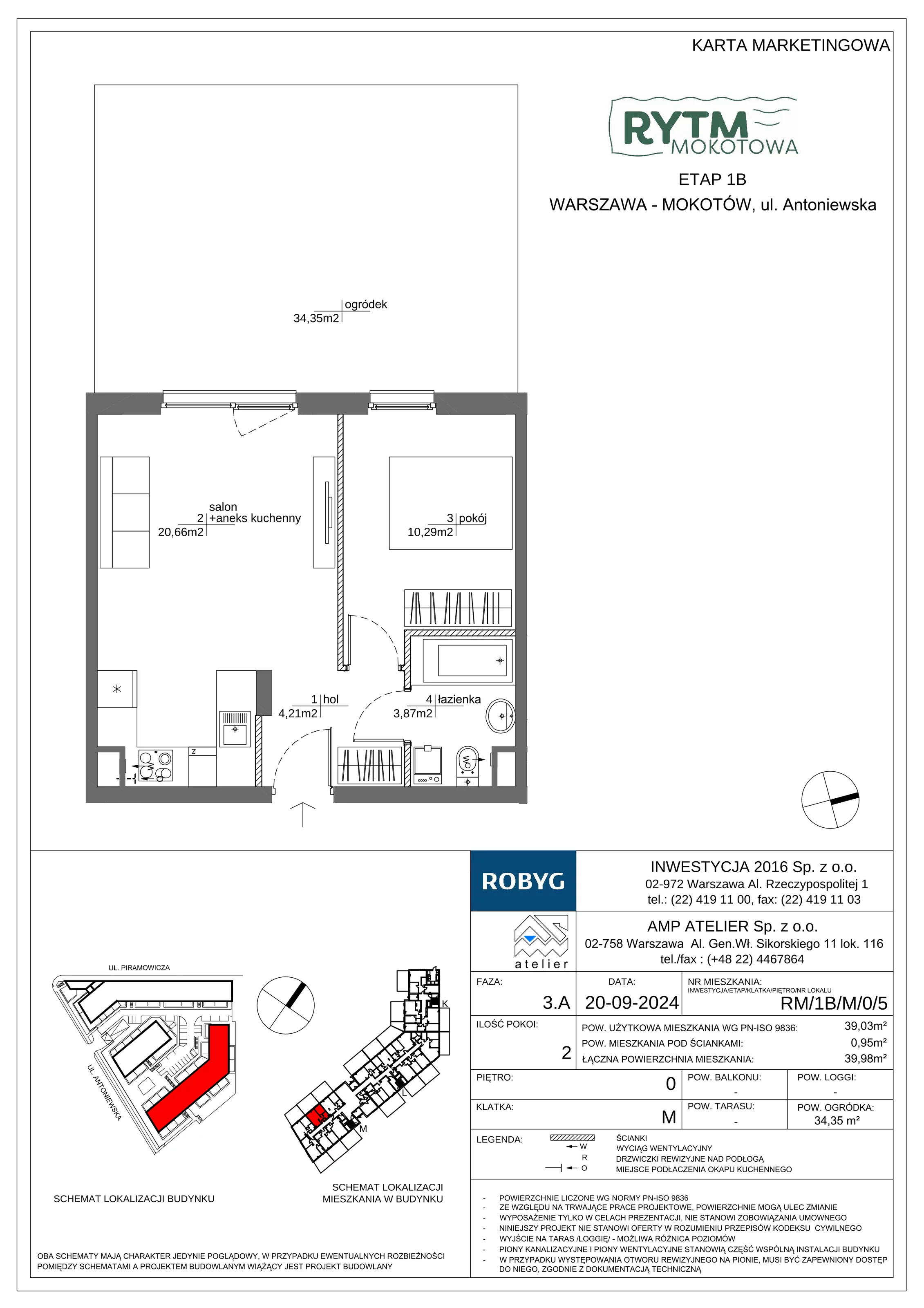 2 pokoje, mieszkanie 39,03 m², parter, oferta nr RM/1B/M/0/5, Rytm Mokotowa 1B, Warszawa, Mokotów, Augustówka, ul. Antoniewska / Piramowicza