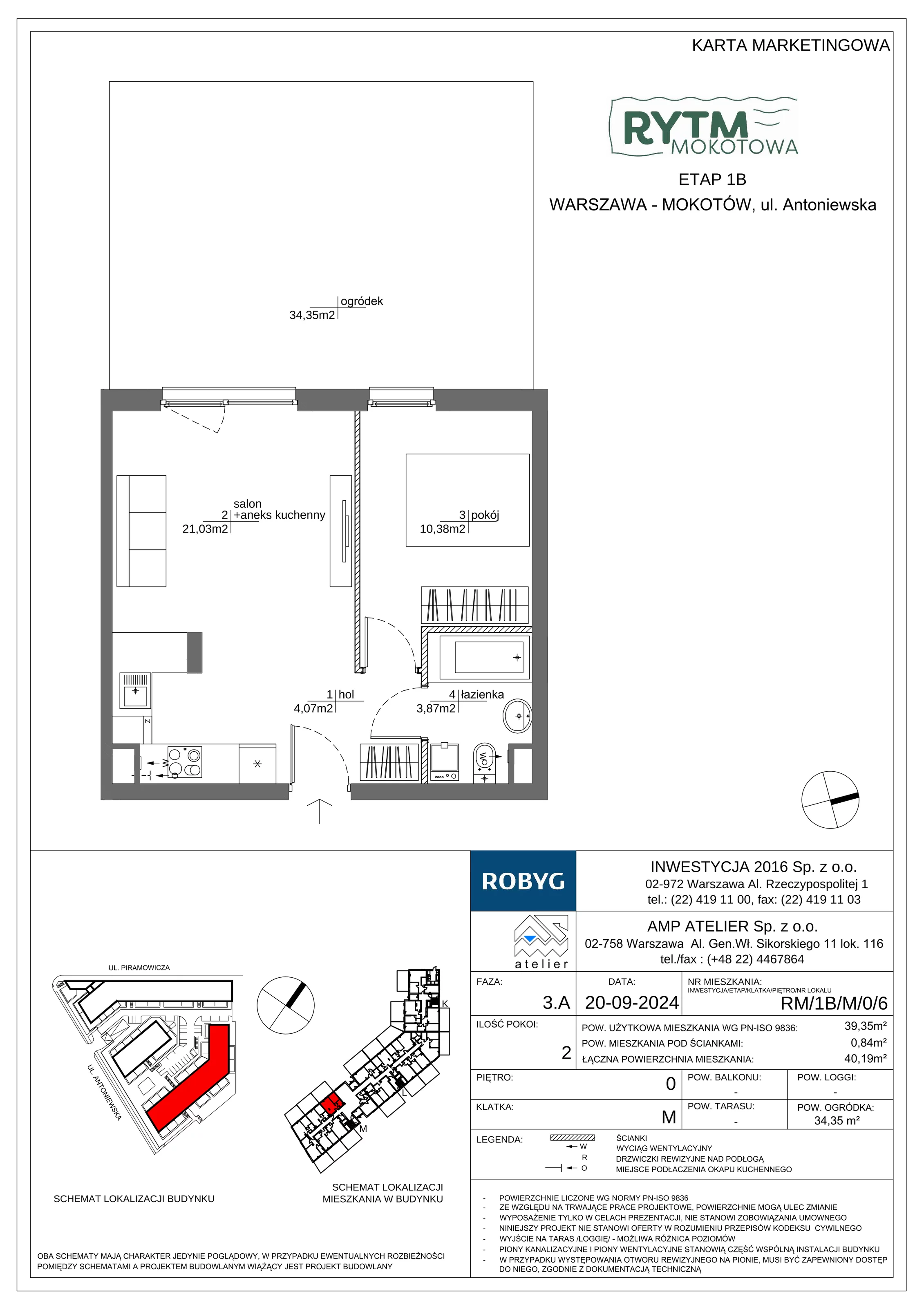 2 pokoje, mieszkanie 39,35 m², parter, oferta nr RM/1B/M/0/6, Rytm Mokotowa 1B, Warszawa, Mokotów, Augustówka, ul. Antoniewska / Piramowicza