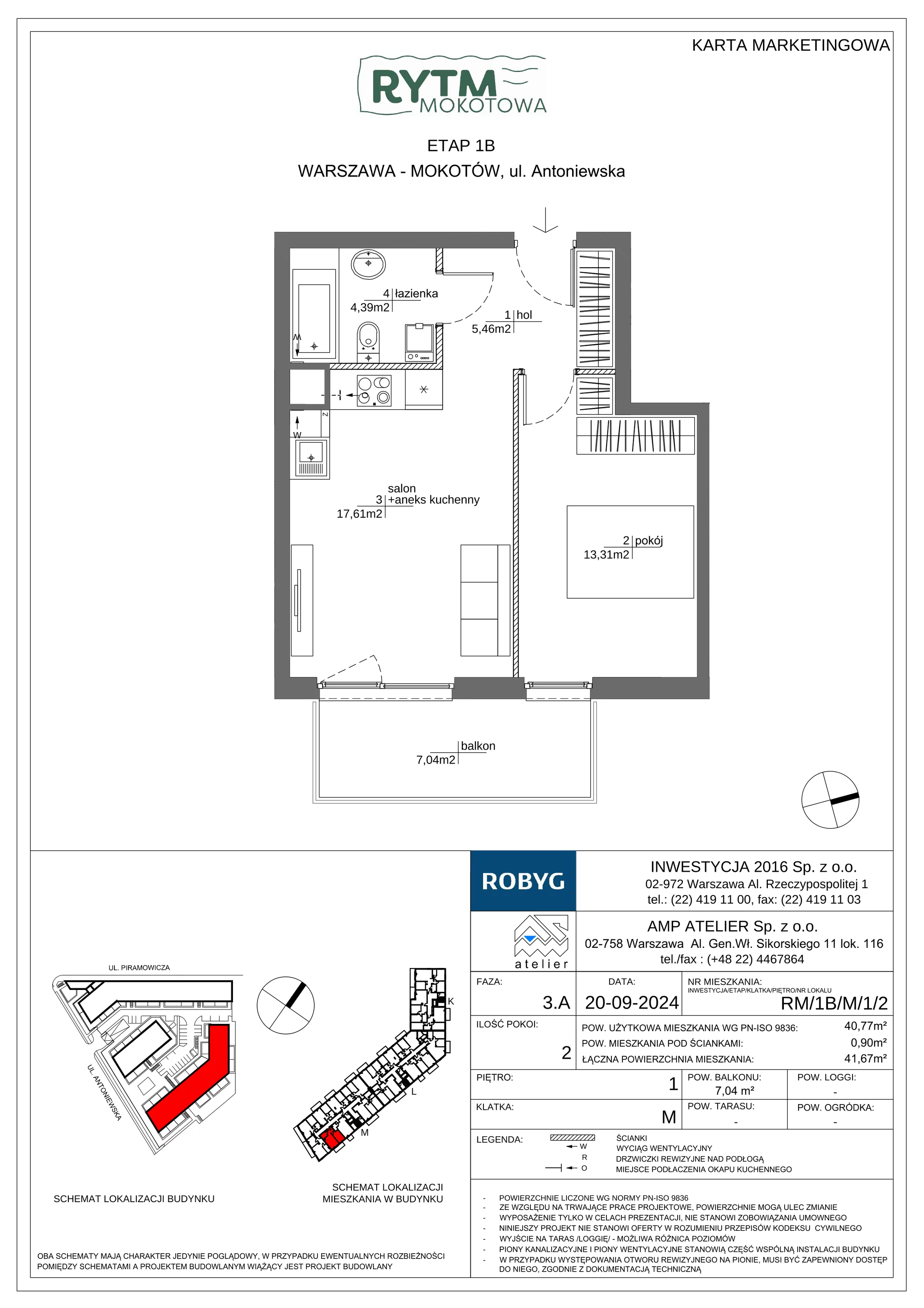 2 pokoje, mieszkanie 40,77 m², piętro 1, oferta nr RM/1B/M/1/2, Rytm Mokotowa 1B, Warszawa, Mokotów, Augustówka, ul. Antoniewska / Piramowicza