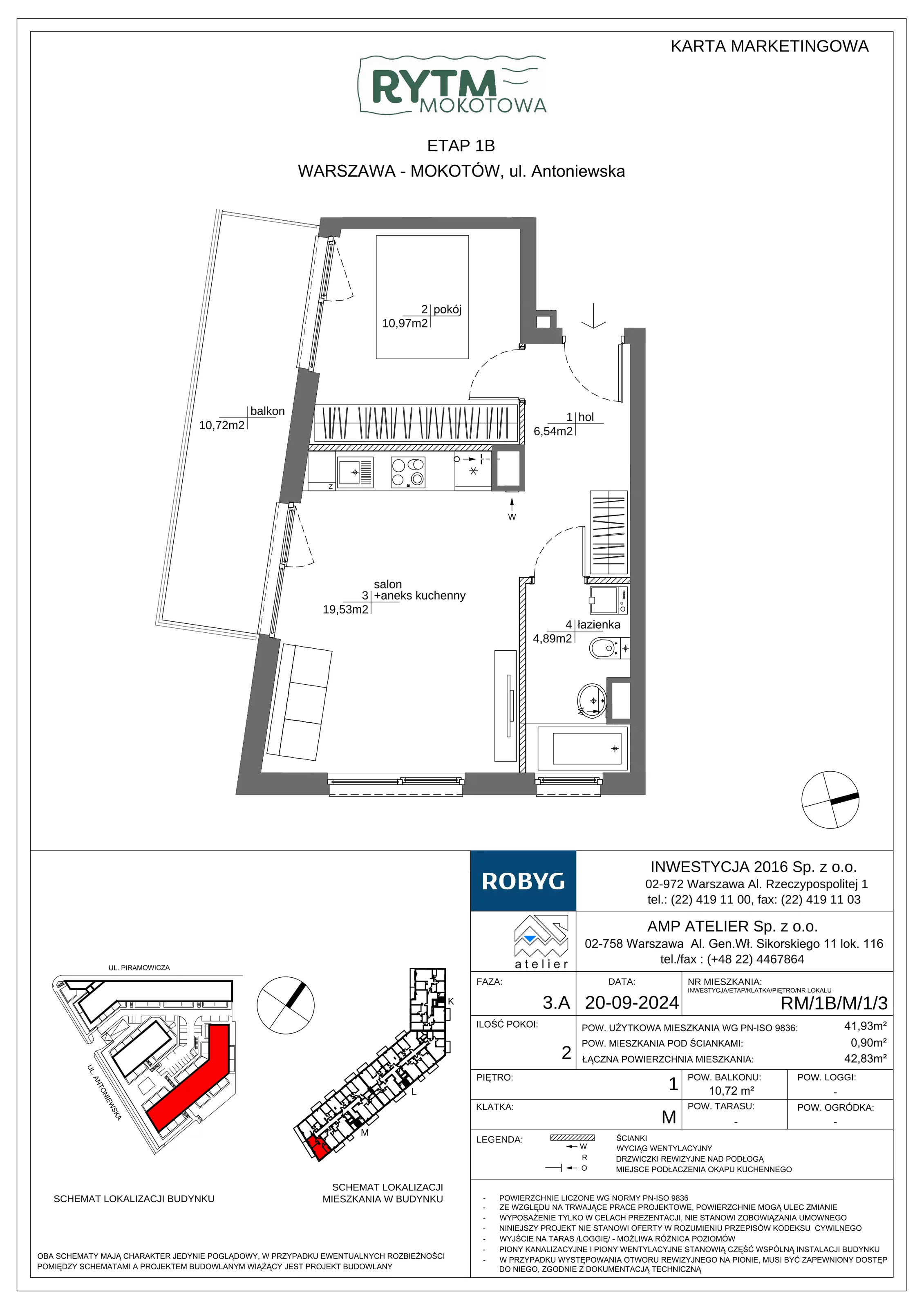 2 pokoje, mieszkanie 41,93 m², piętro 1, oferta nr RM/1B/M/1/3, Rytm Mokotowa 1B, Warszawa, Mokotów, Augustówka, ul. Antoniewska / Piramowicza