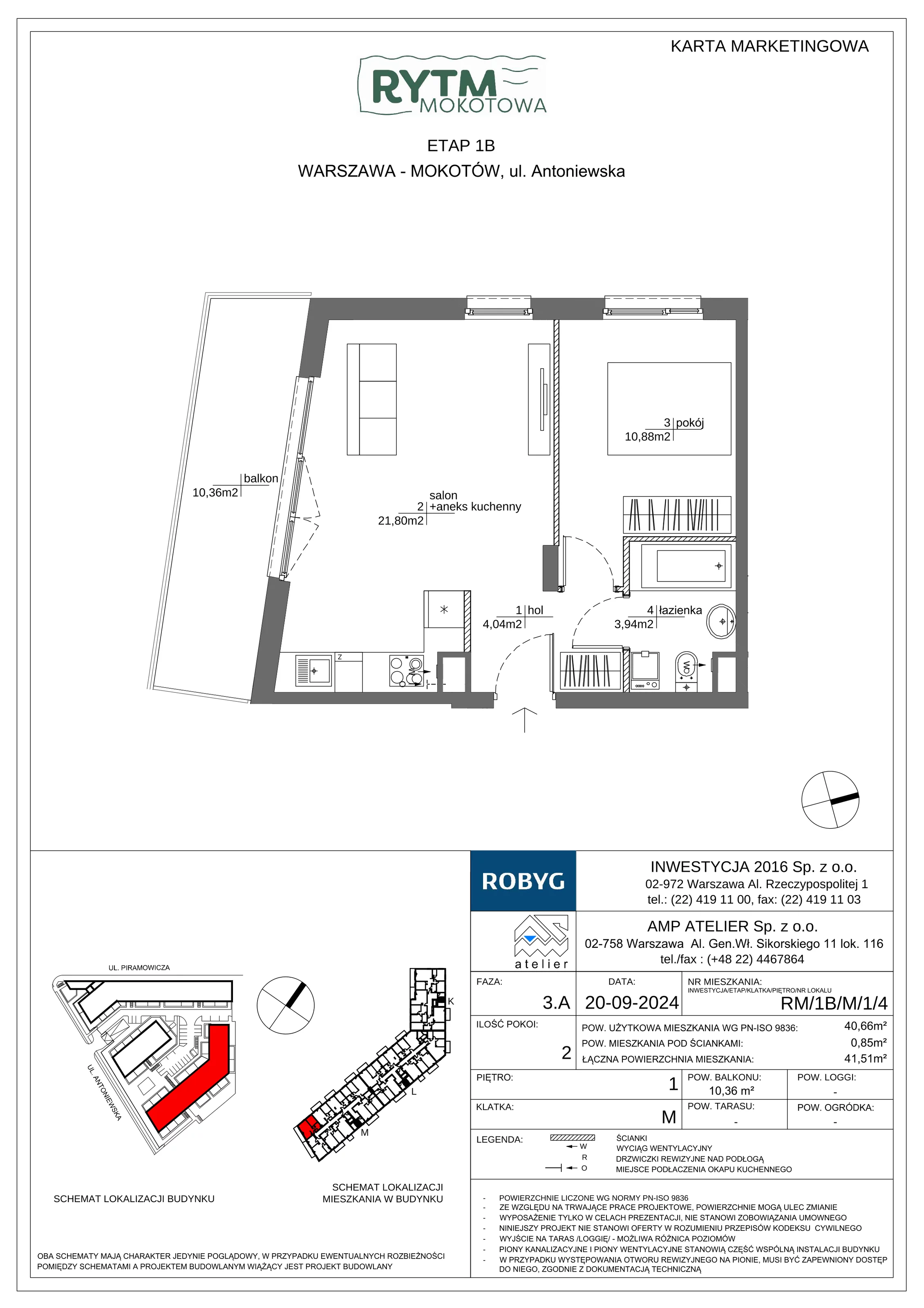 2 pokoje, mieszkanie 40,66 m², piętro 1, oferta nr RM/1B/M/1/4, Rytm Mokotowa 1B, Warszawa, Mokotów, Augustówka, ul. Antoniewska / Piramowicza