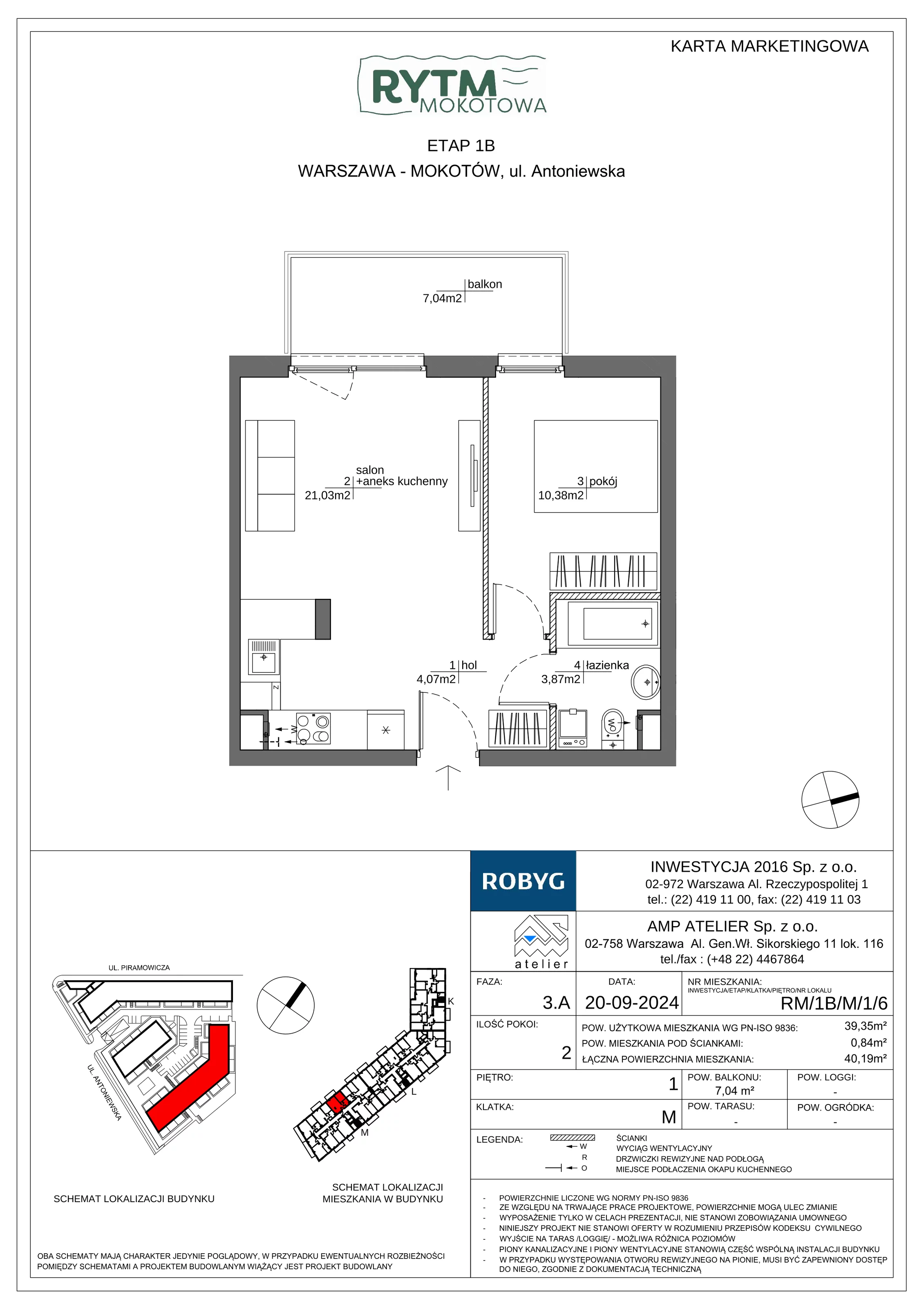 2 pokoje, mieszkanie 39,35 m², piętro 1, oferta nr RM/1B/M/1/6, Rytm Mokotowa 1B, Warszawa, Mokotów, Augustówka, ul. Antoniewska / Piramowicza