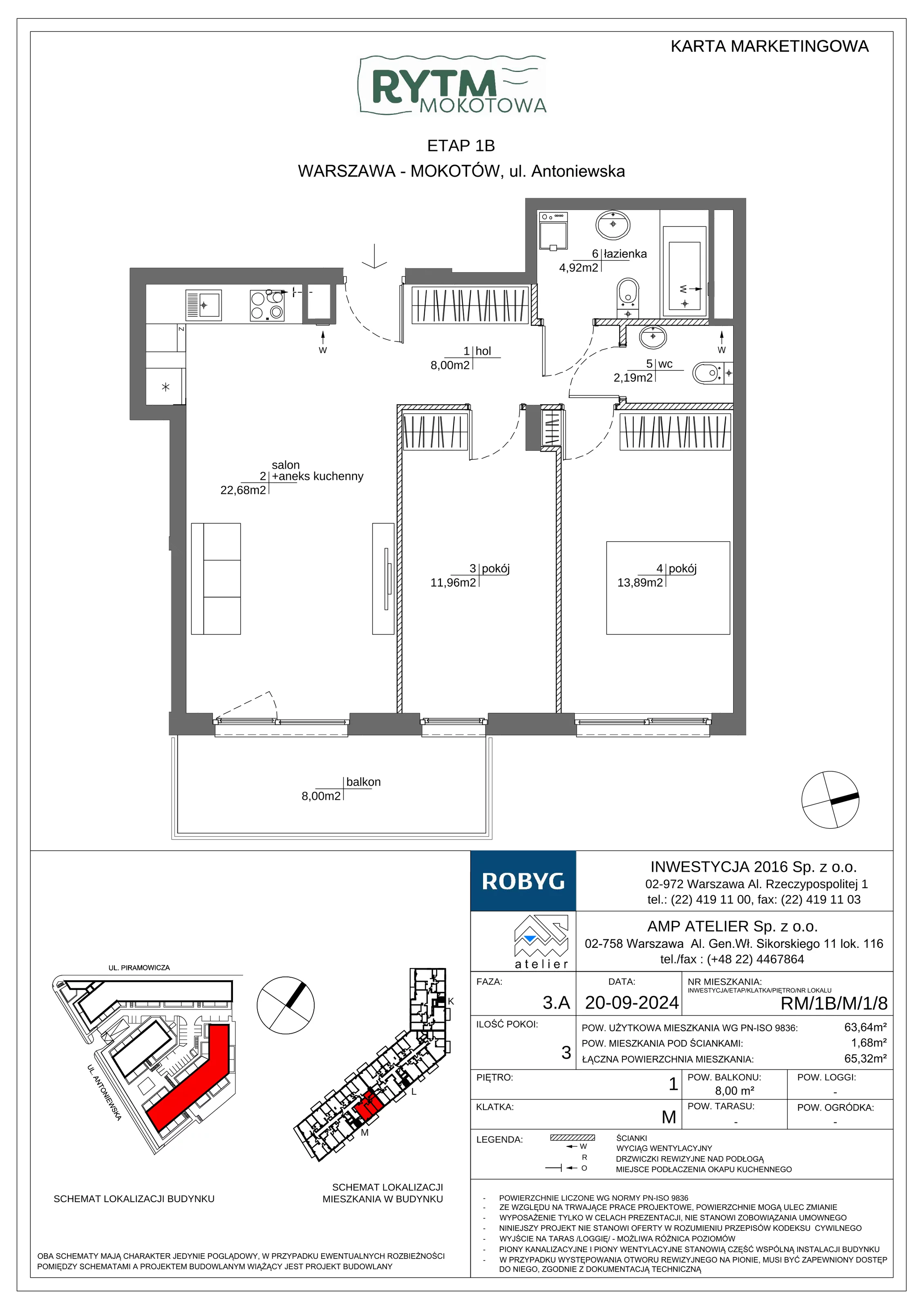 3 pokoje, mieszkanie 63,64 m², piętro 1, oferta nr RM/1B/M/1/8, Rytm Mokotowa 1B, Warszawa, Mokotów, Augustówka, ul. Antoniewska / Piramowicza
