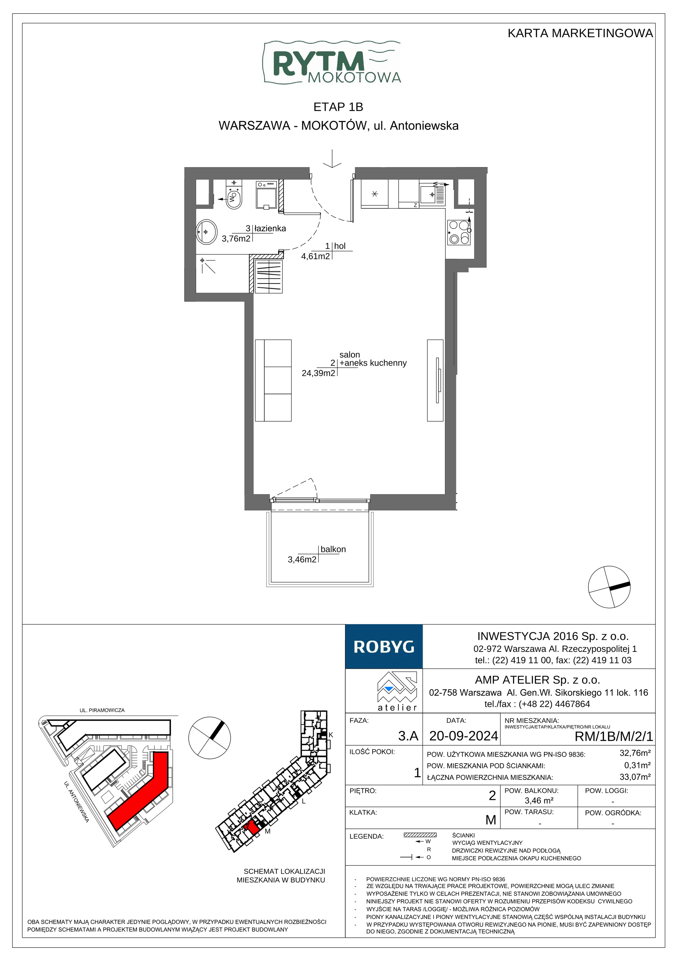 1 pokój, mieszkanie 32,76 m², piętro 2, oferta nr RM/1B/M/2/1, Rytm Mokotowa 1B, Warszawa, Mokotów, Augustówka, ul. Antoniewska / Piramowicza
