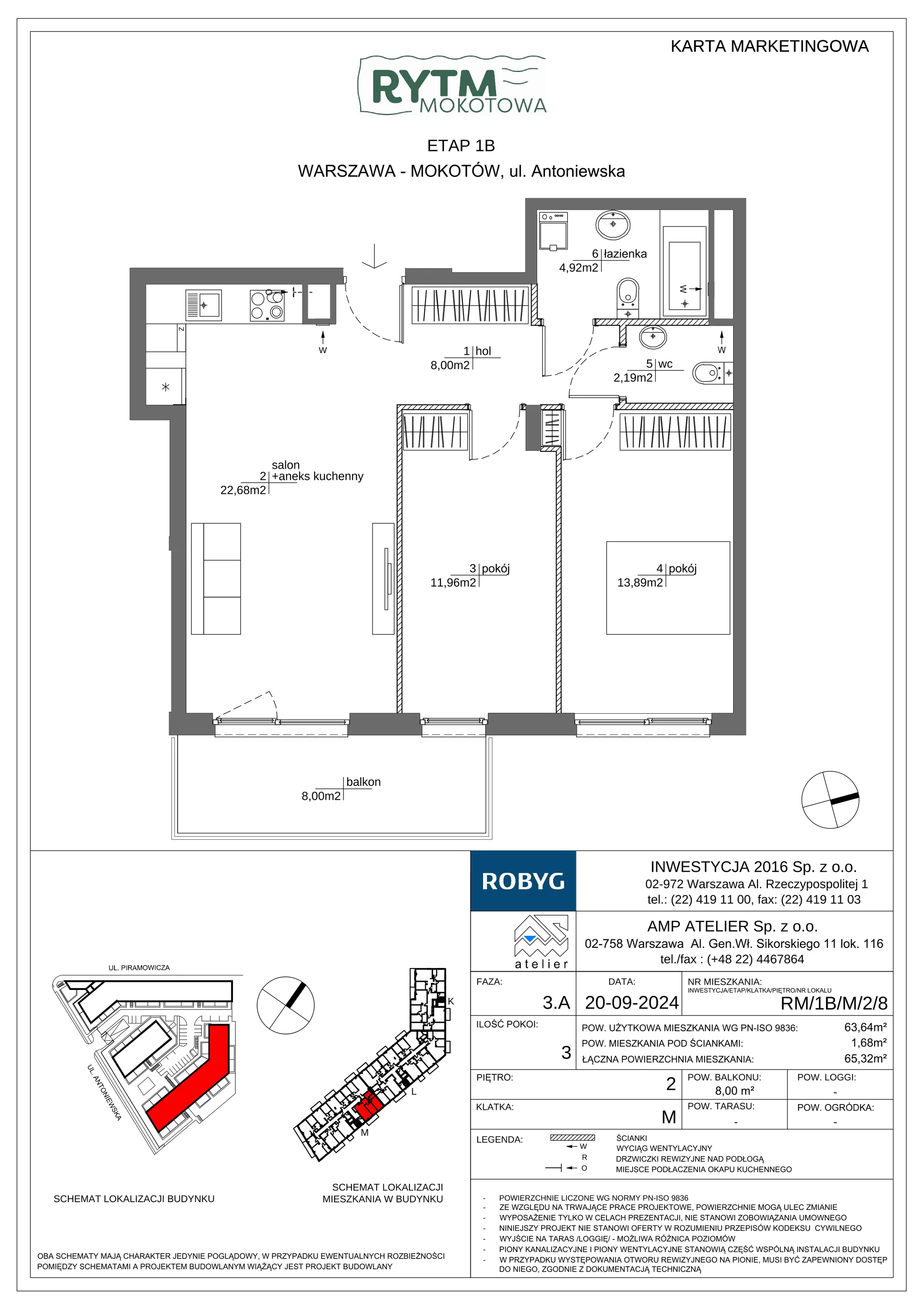 3 pokoje, mieszkanie 63,64 m², piętro 2, oferta nr RM/1B/M/2/8, Rytm Mokotowa 1B, Warszawa, Mokotów, Augustówka, ul. Antoniewska / Piramowicza