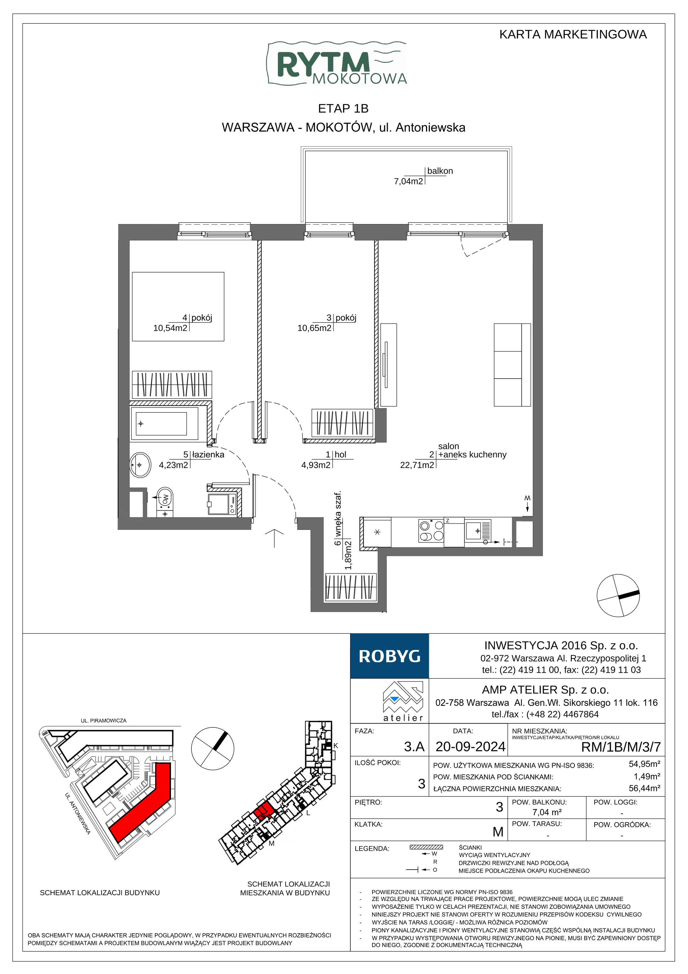 3 pokoje, mieszkanie 54,95 m², piętro 3, oferta nr RM/1B/M/3/7, Rytm Mokotowa 1B, Warszawa, Mokotów, Augustówka, ul. Antoniewska / Piramowicza
