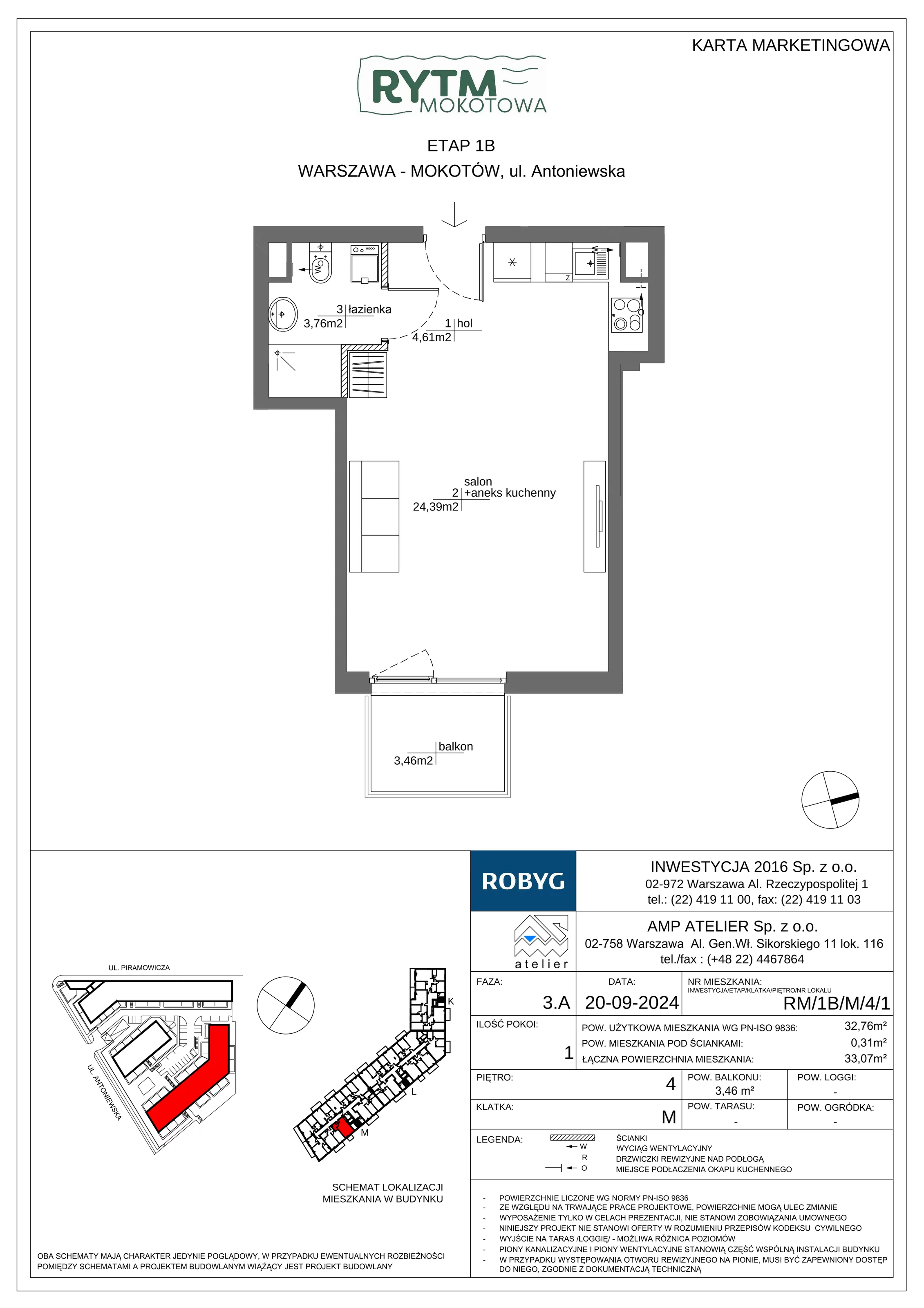 1 pokój, mieszkanie 32,76 m², piętro 4, oferta nr RM/1B/M/4/1, Rytm Mokotowa 1B, Warszawa, Mokotów, Augustówka, ul. Antoniewska / Piramowicza