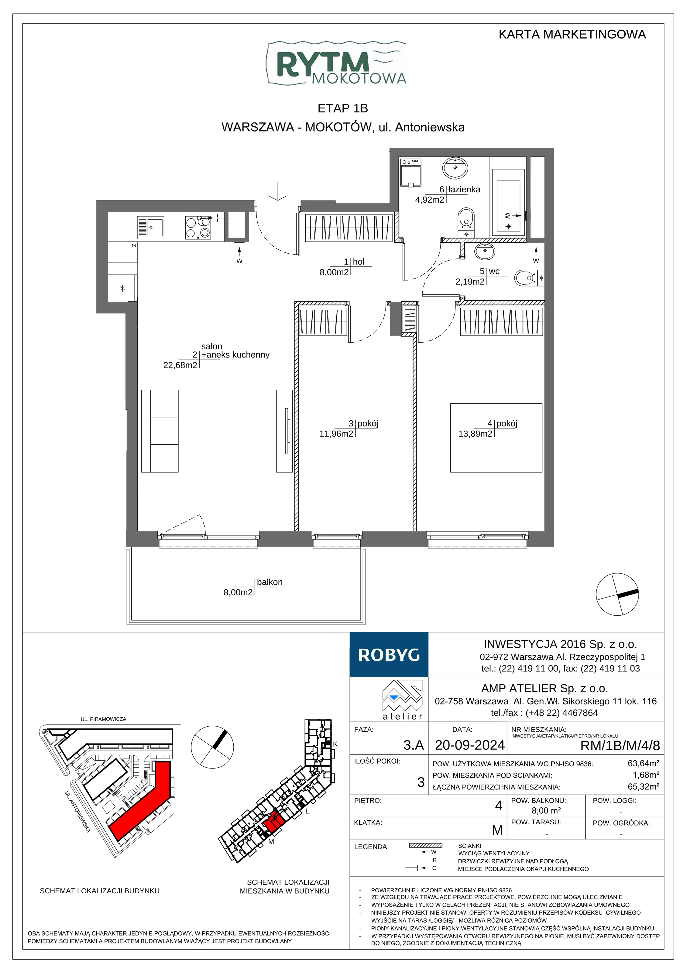 3 pokoje, mieszkanie 63,64 m², piętro 4, oferta nr RM/1B/M/4/8, Rytm Mokotowa 1B, Warszawa, Mokotów, Augustówka, ul. Antoniewska / Piramowicza