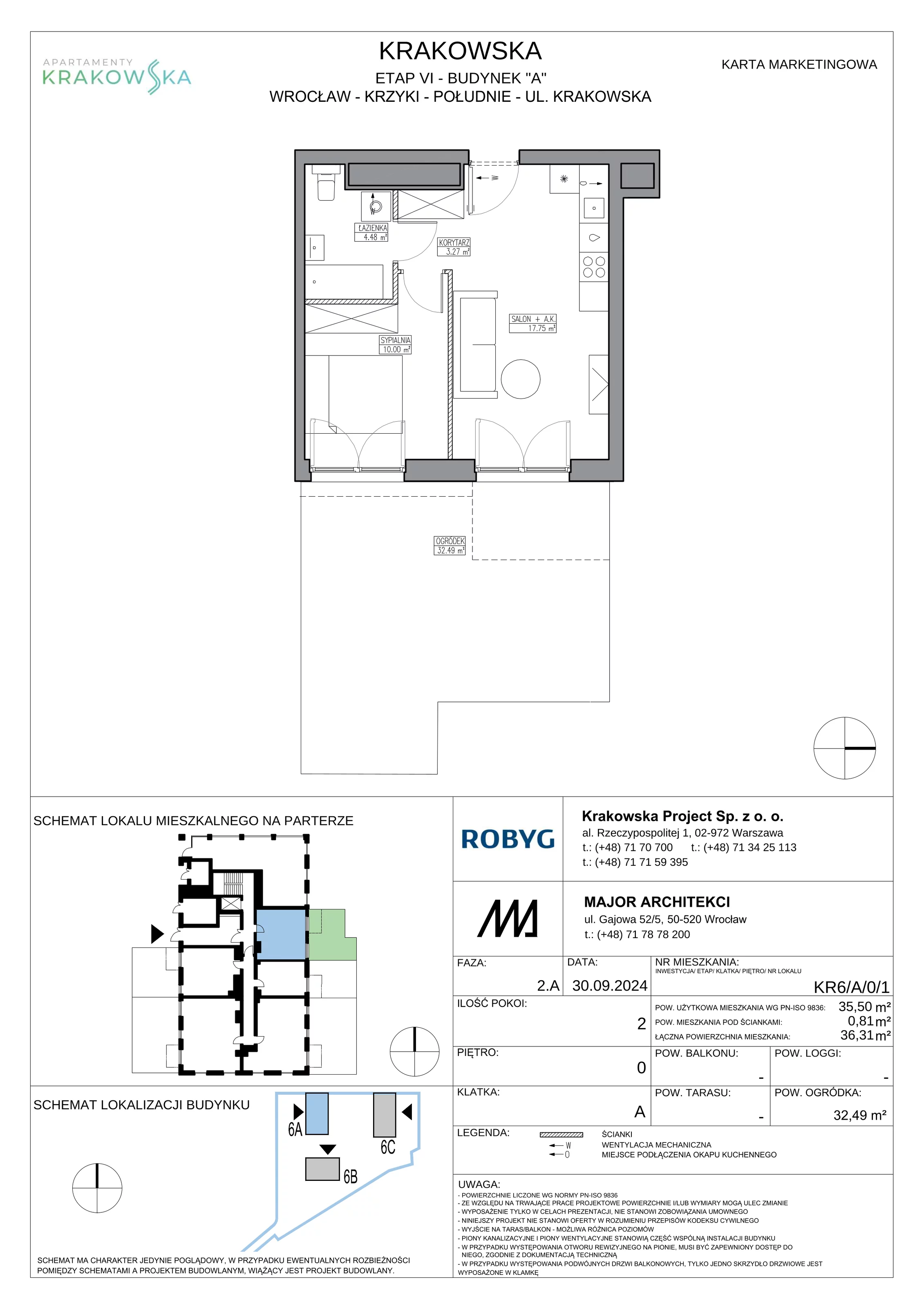 2 pokoje, mieszkanie 35,50 m², parter, oferta nr KR6/A/0/1, Apartamenty Krakowska 6, Wrocław, Przedmieście Oławskie, Krzyki, ul. Krakowska