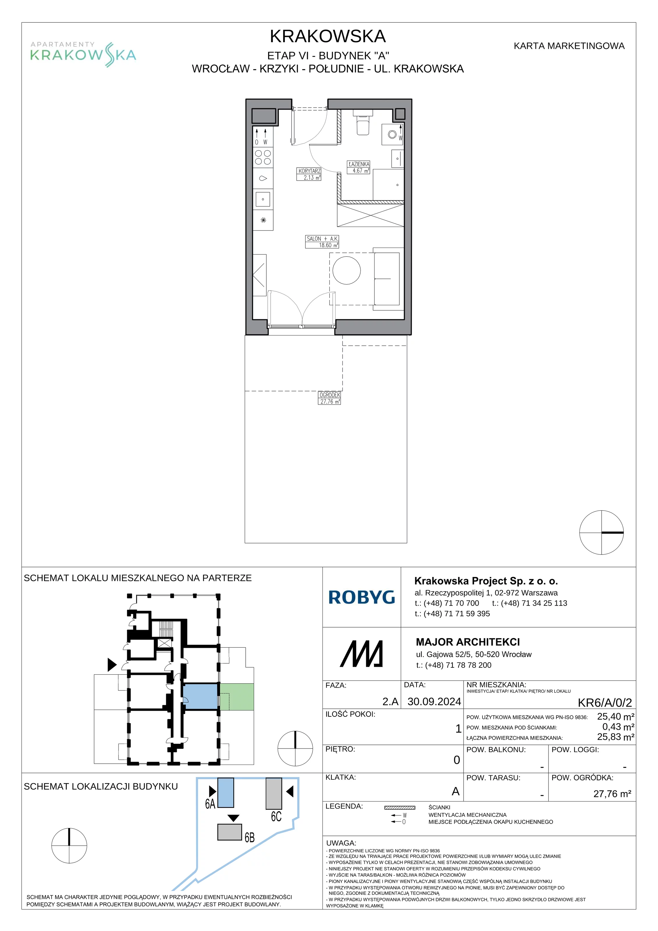 1 pokój, mieszkanie 25,40 m², parter, oferta nr KR6/A/0/2, Apartamenty Krakowska 6, Wrocław, Przedmieście Oławskie, Krzyki, ul. Krakowska