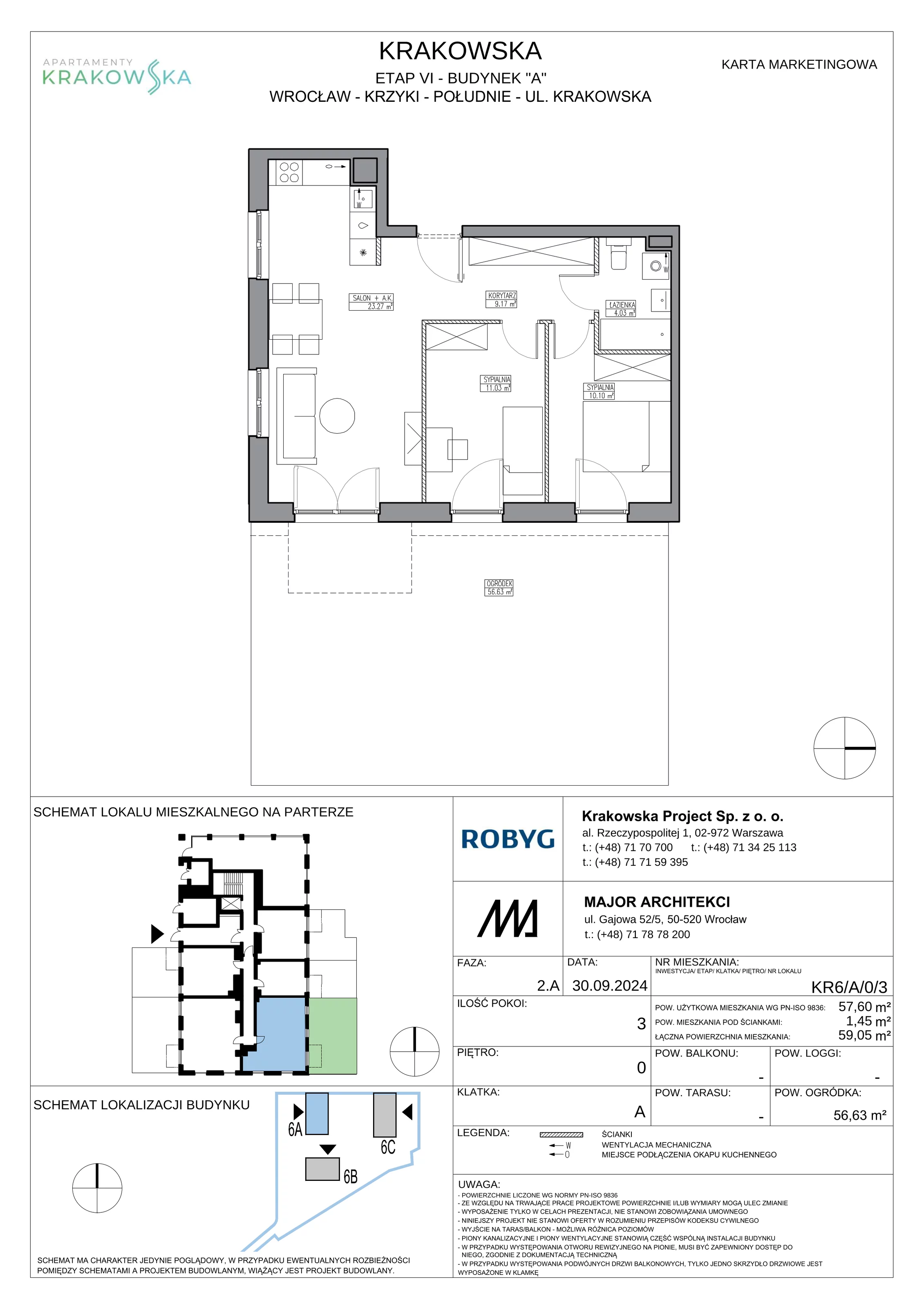 3 pokoje, mieszkanie 57,60 m², parter, oferta nr KR6/A/0/3, Apartamenty Krakowska 6, Wrocław, Przedmieście Oławskie, Krzyki, ul. Krakowska