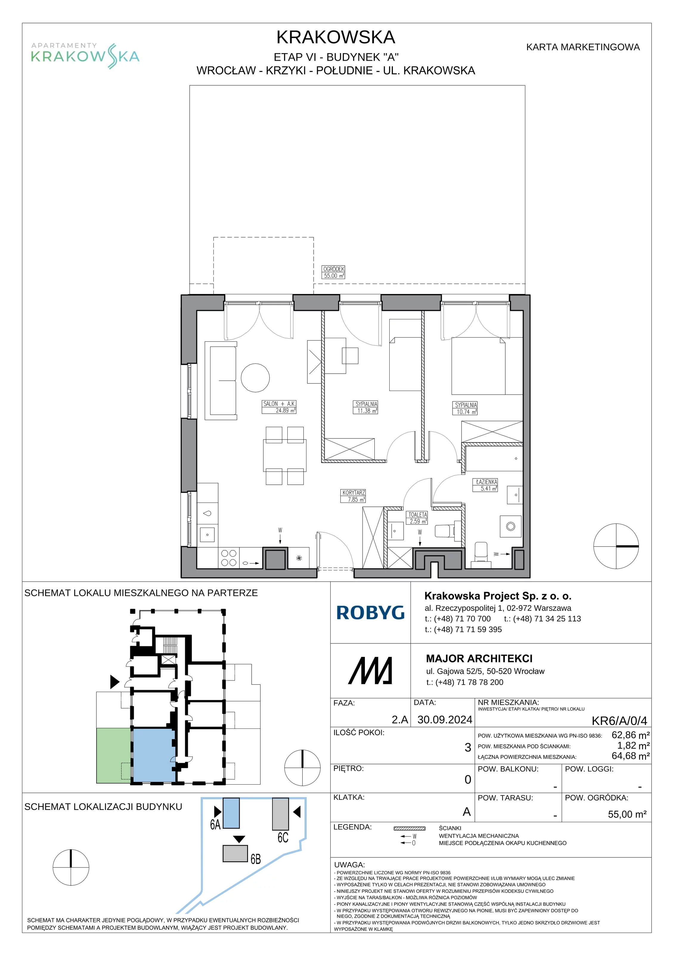 3 pokoje, mieszkanie 62,86 m², parter, oferta nr KR6/A/0/4, Apartamenty Krakowska 6, Wrocław, Przedmieście Oławskie, Krzyki, ul. Krakowska