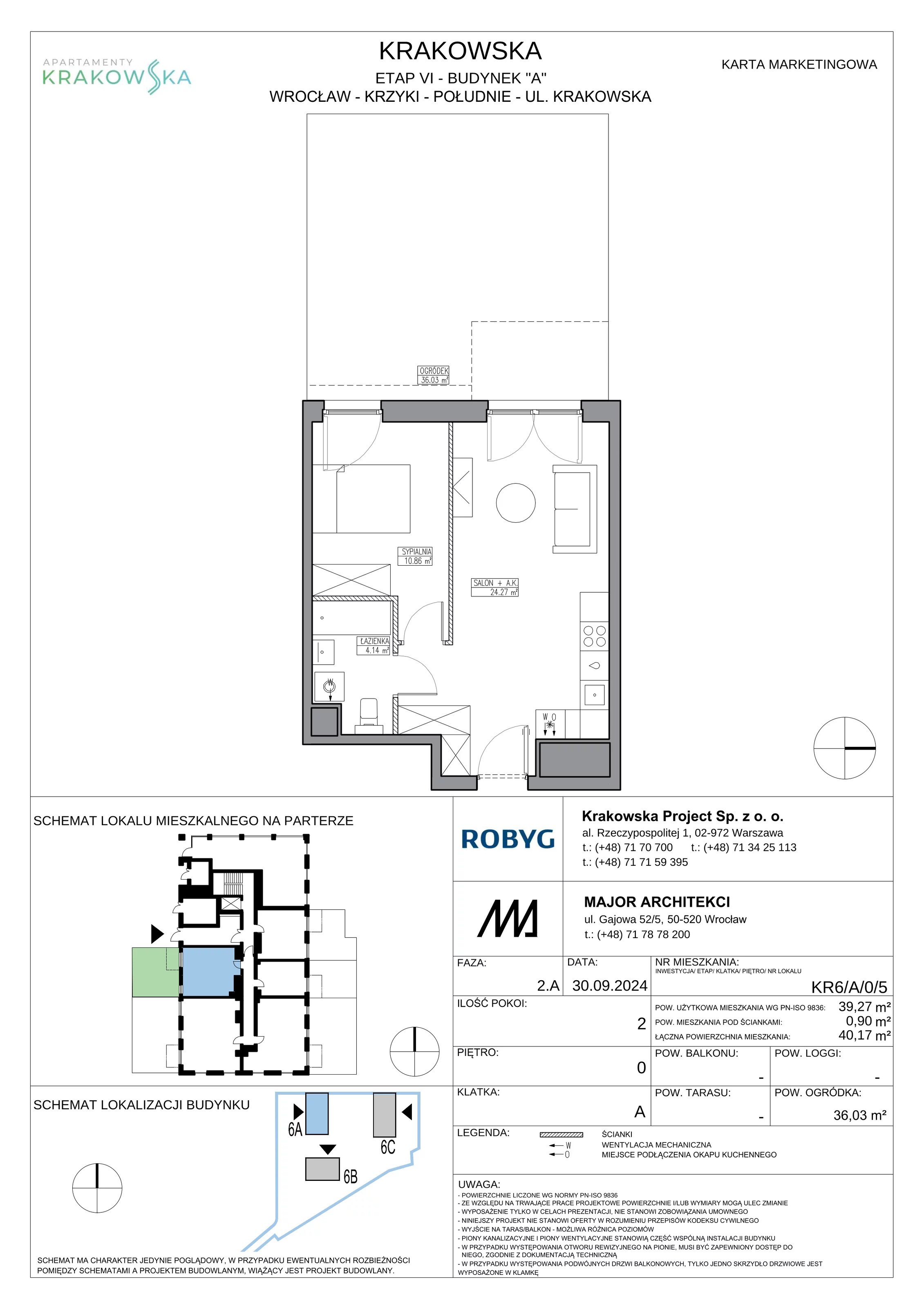 2 pokoje, mieszkanie 39,27 m², parter, oferta nr KR6/A/0/5, Apartamenty Krakowska 6, Wrocław, Przedmieście Oławskie, Krzyki, ul. Krakowska
