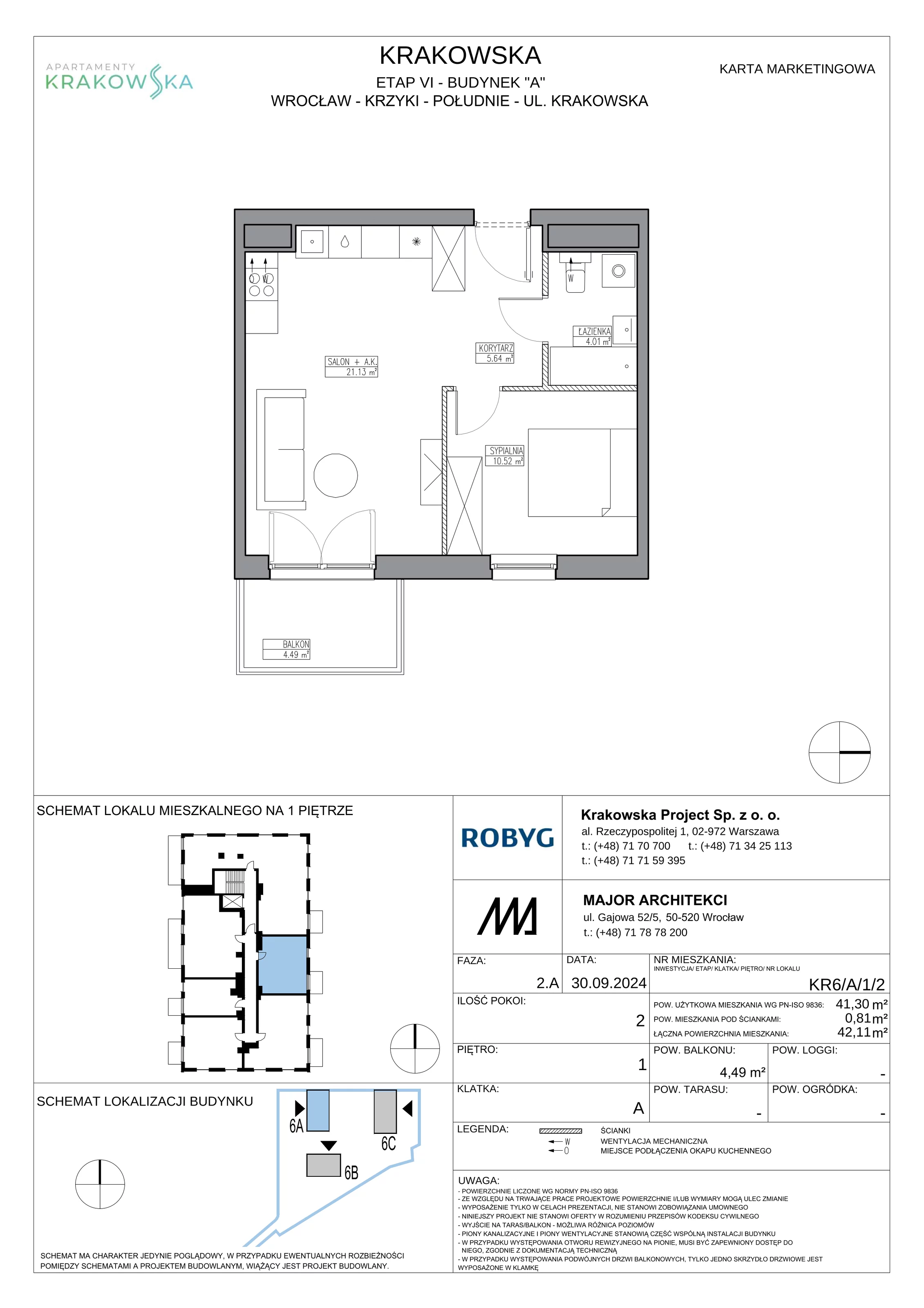 2 pokoje, mieszkanie 41,30 m², piętro 1, oferta nr KR6/A/1/2, Apartamenty Krakowska 6, Wrocław, Przedmieście Oławskie, Krzyki, ul. Krakowska