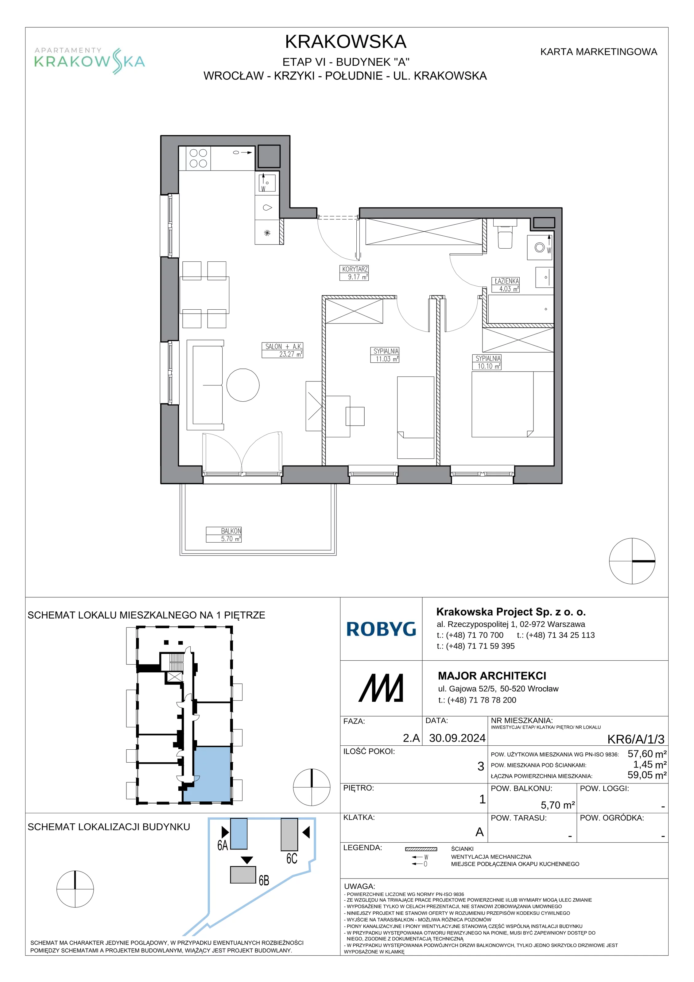 3 pokoje, mieszkanie 57,60 m², piętro 1, oferta nr KR6/A/1/3, Apartamenty Krakowska 6, Wrocław, Przedmieście Oławskie, Krzyki, ul. Krakowska