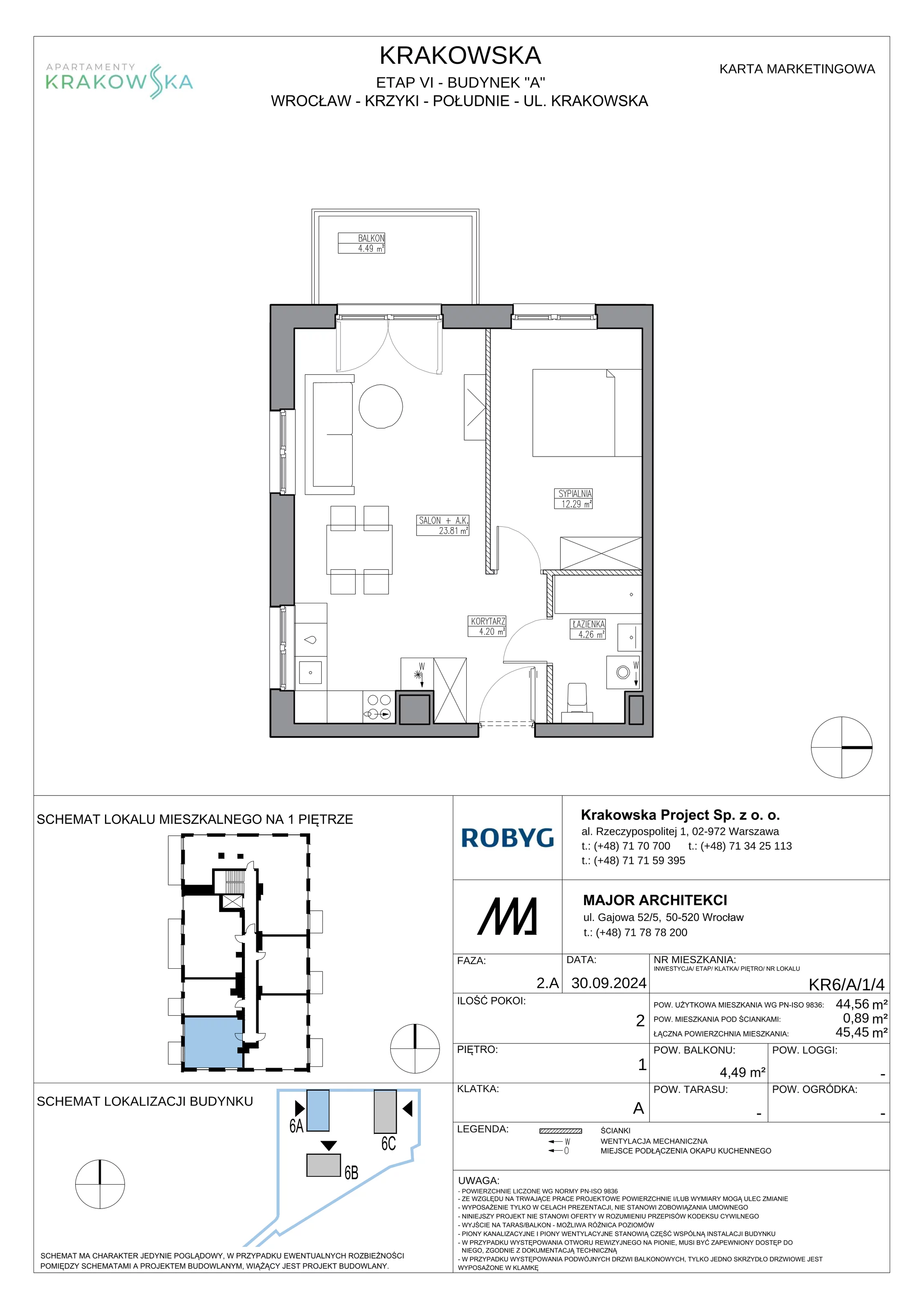 2 pokoje, mieszkanie 44,56 m², piętro 1, oferta nr KR6/A/1/4, Apartamenty Krakowska 6, Wrocław, Przedmieście Oławskie, Krzyki, ul. Krakowska