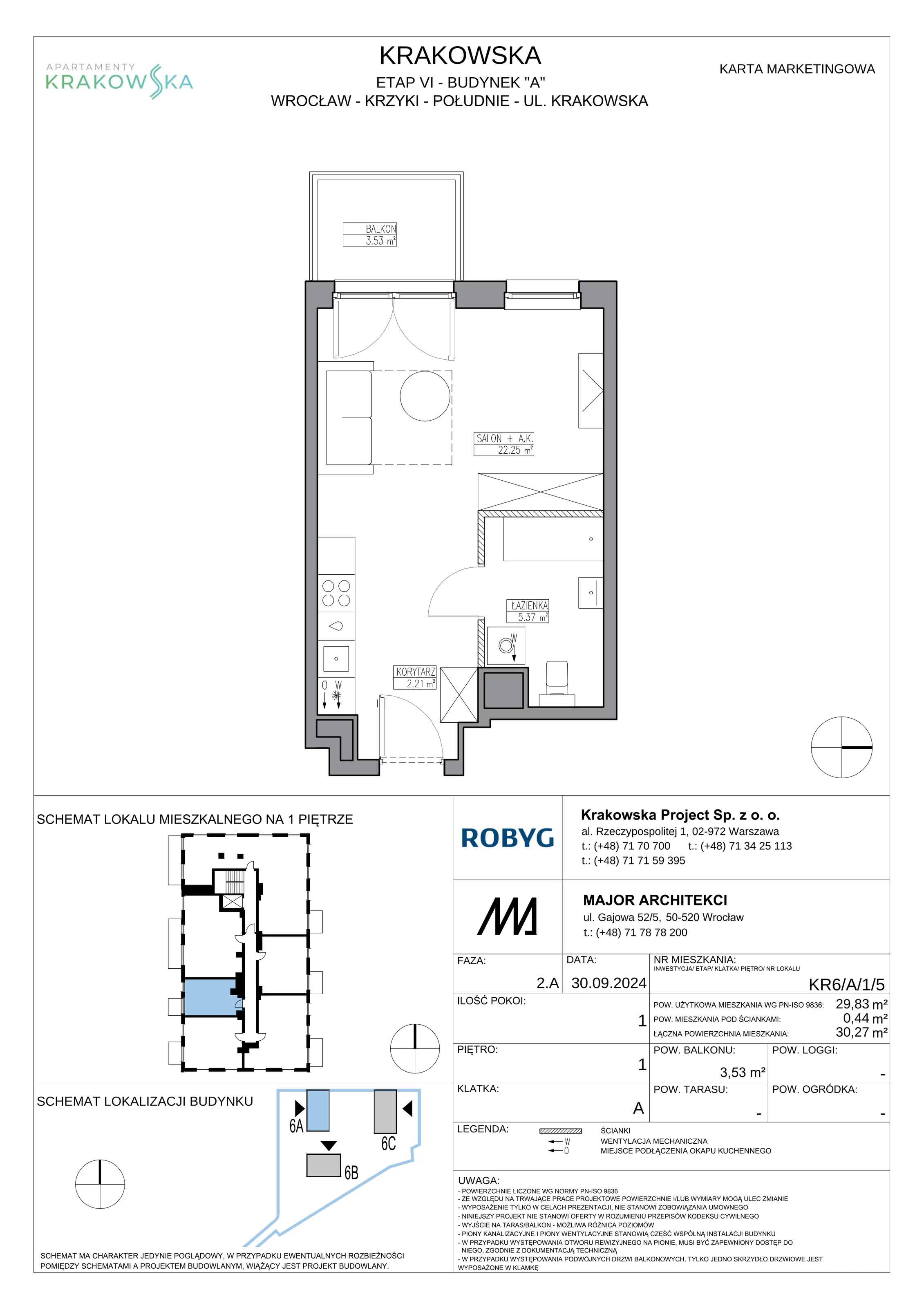 1 pokój, mieszkanie 29,83 m², piętro 1, oferta nr KR6/A/1/5, Apartamenty Krakowska 6, Wrocław, Przedmieście Oławskie, Krzyki, ul. Krakowska