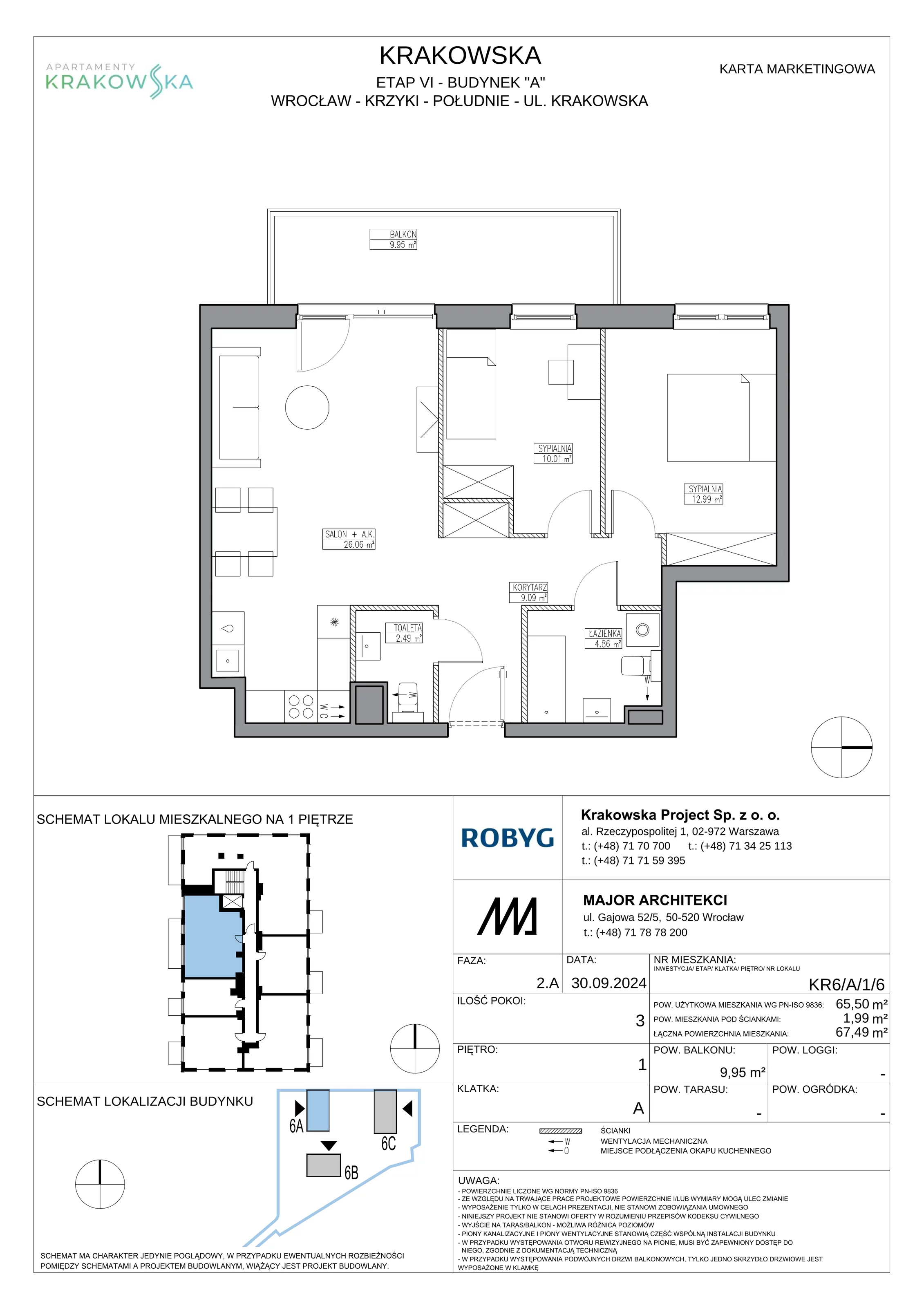 3 pokoje, mieszkanie 65,50 m², piętro 1, oferta nr KR6/A/1/6, Apartamenty Krakowska 6, Wrocław, Przedmieście Oławskie, Krzyki, ul. Krakowska