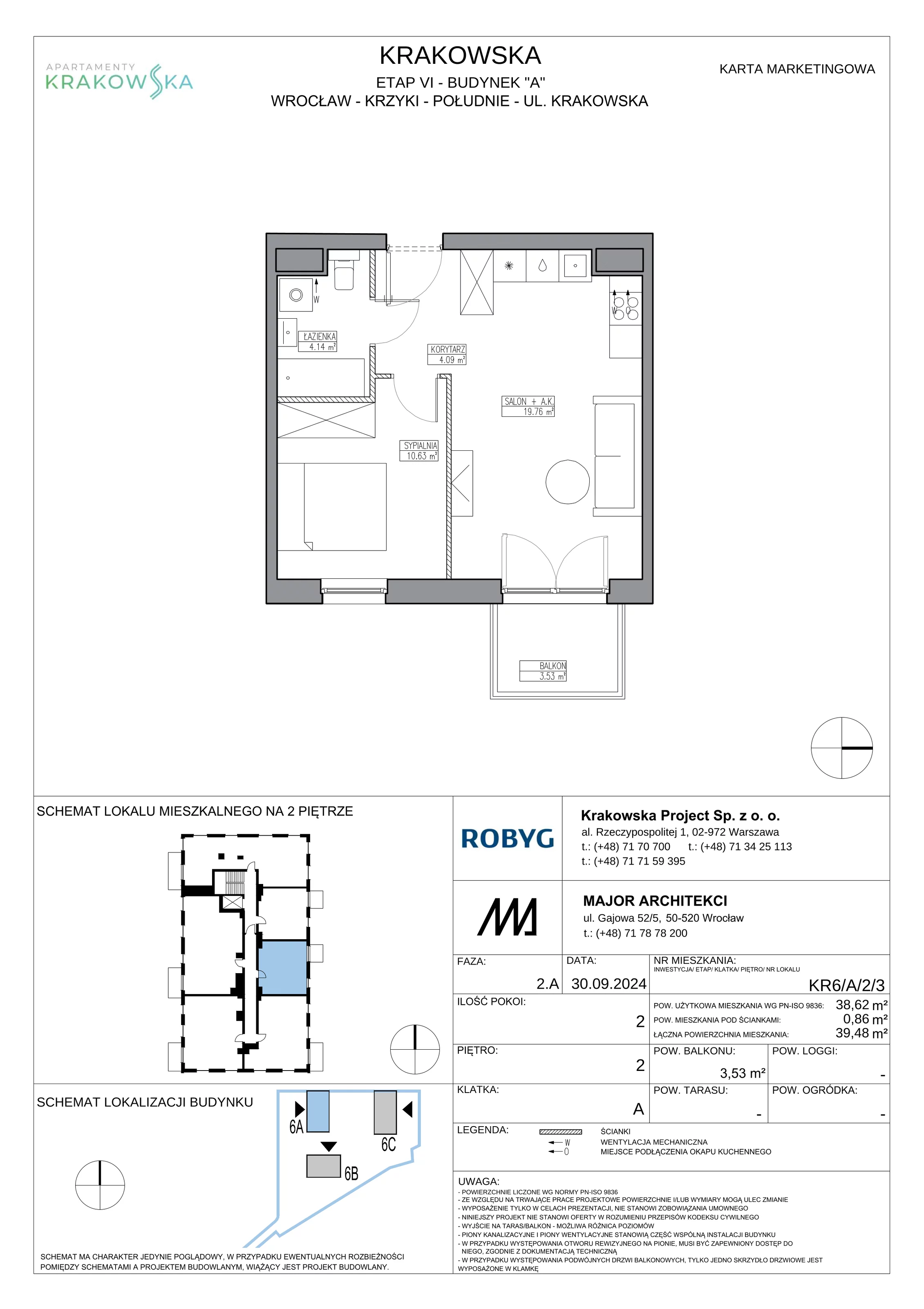 2 pokoje, mieszkanie 38,62 m², piętro 2, oferta nr KR6/A/2/3, Apartamenty Krakowska 6, Wrocław, Przedmieście Oławskie, Krzyki, ul. Krakowska