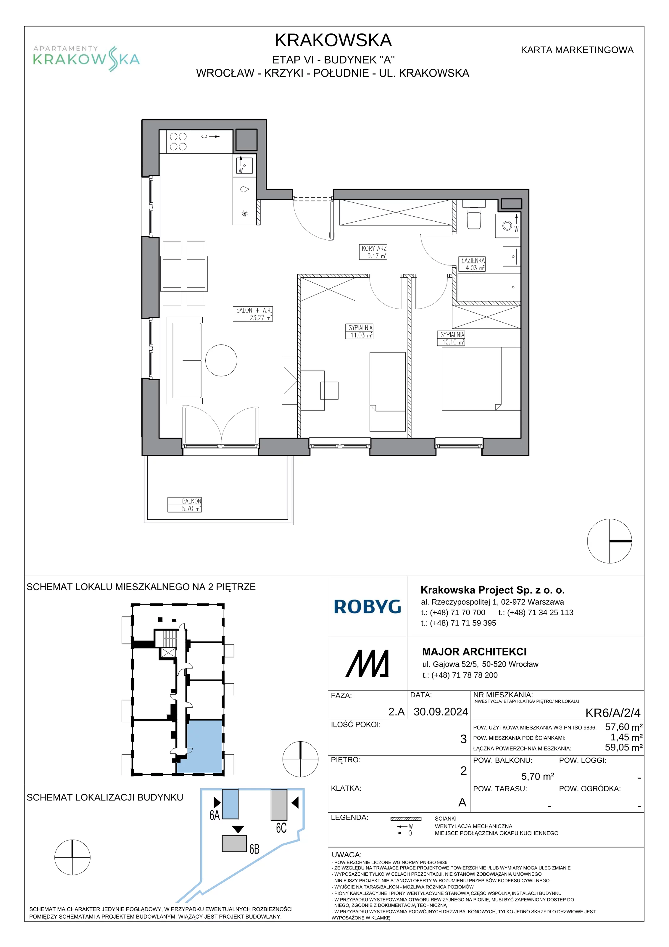 3 pokoje, mieszkanie 57,60 m², piętro 2, oferta nr KR6/A/2/4, Apartamenty Krakowska 6, Wrocław, Przedmieście Oławskie, Krzyki, ul. Krakowska