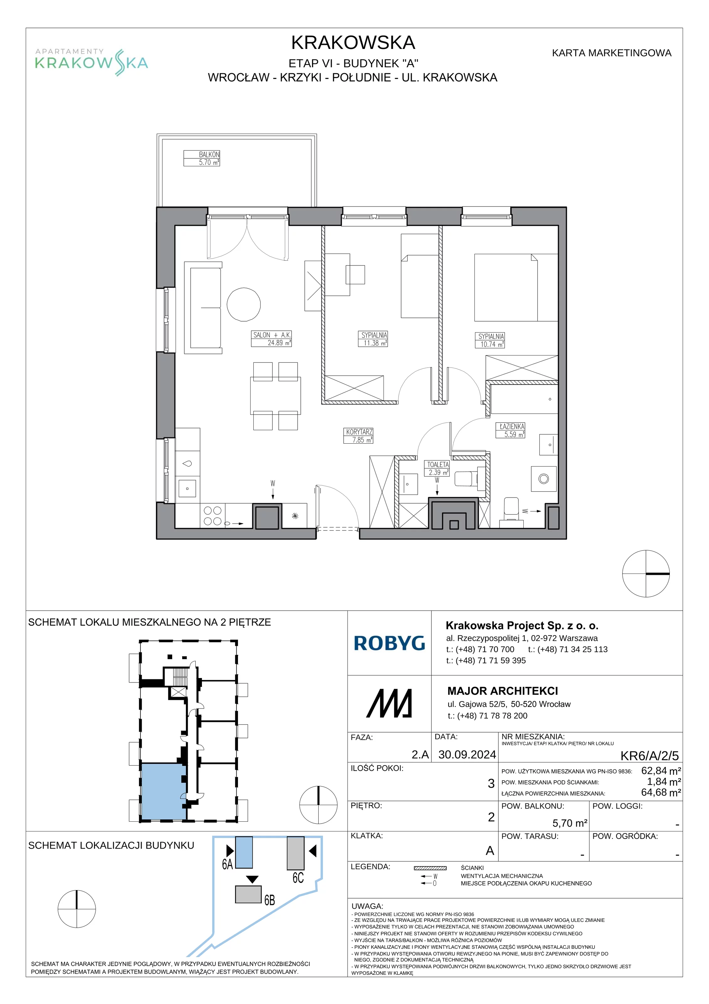 3 pokoje, mieszkanie 62,84 m², piętro 2, oferta nr KR6/A/2/5, Apartamenty Krakowska 6, Wrocław, Przedmieście Oławskie, Krzyki, ul. Krakowska