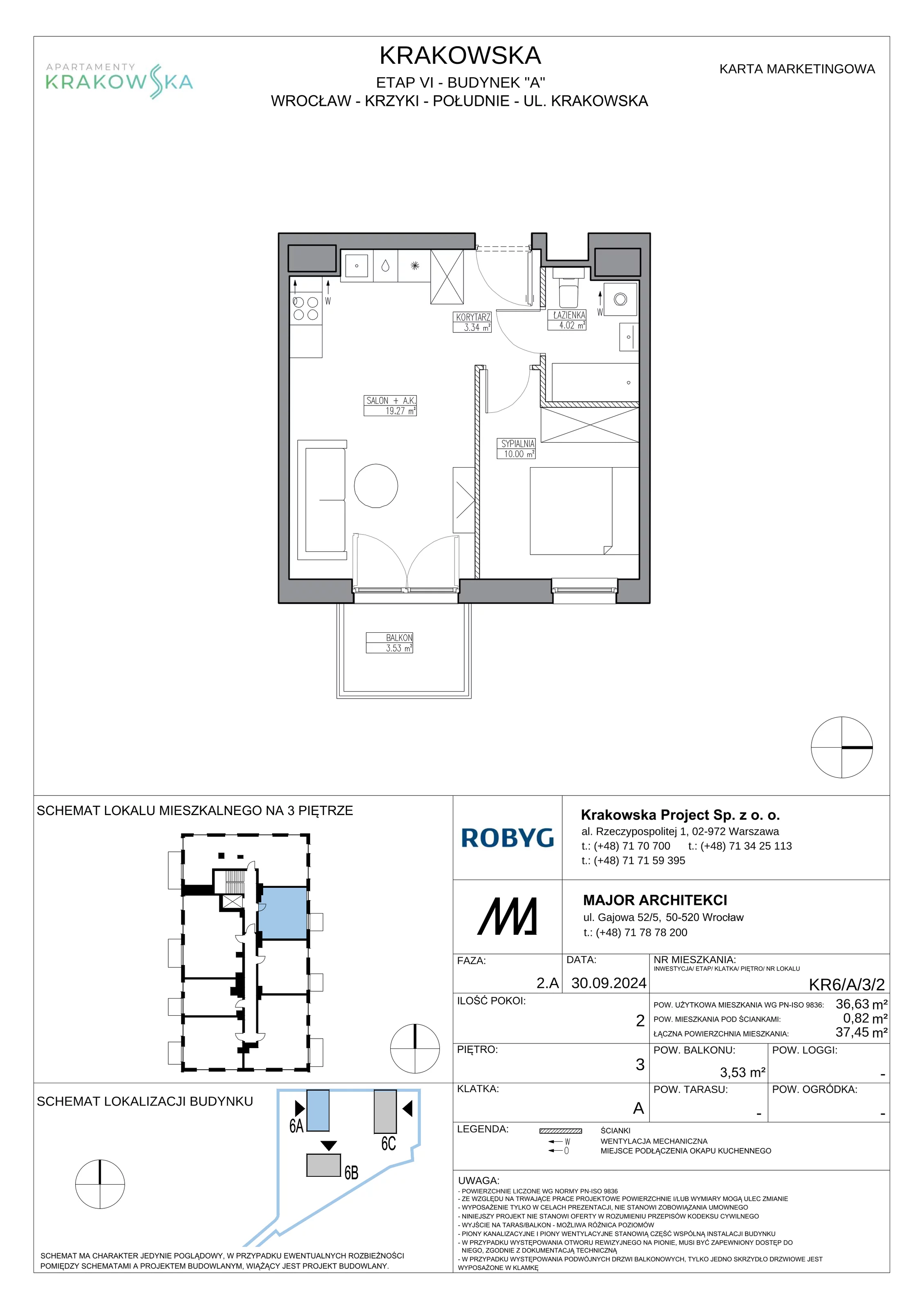 2 pokoje, mieszkanie 36,63 m², piętro 3, oferta nr KR6/A/3/2, Apartamenty Krakowska 6, Wrocław, Przedmieście Oławskie, Krzyki, ul. Krakowska