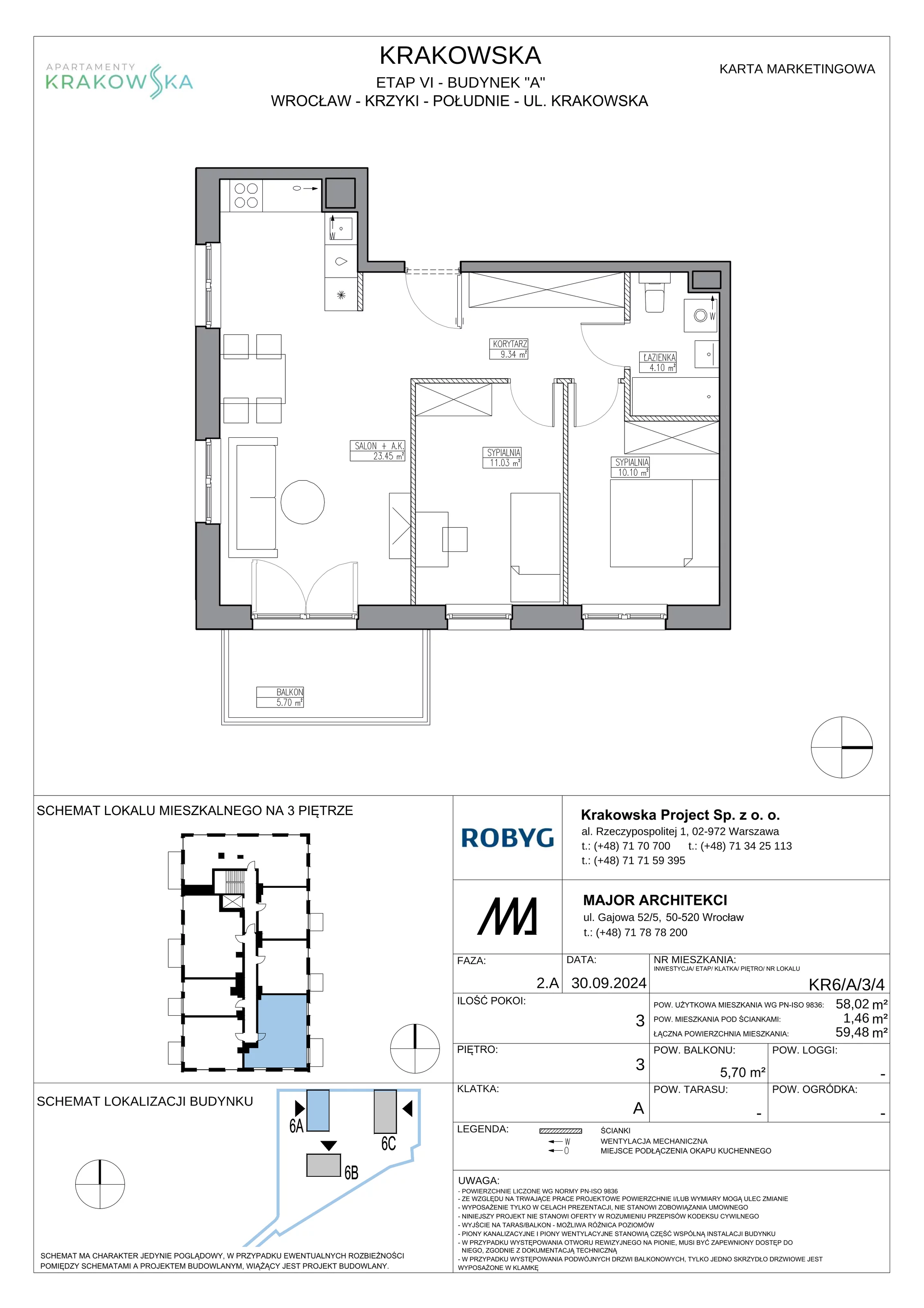 3 pokoje, mieszkanie 58,02 m², piętro 3, oferta nr KR6/A/3/4, Apartamenty Krakowska 6, Wrocław, Przedmieście Oławskie, Krzyki, ul. Krakowska