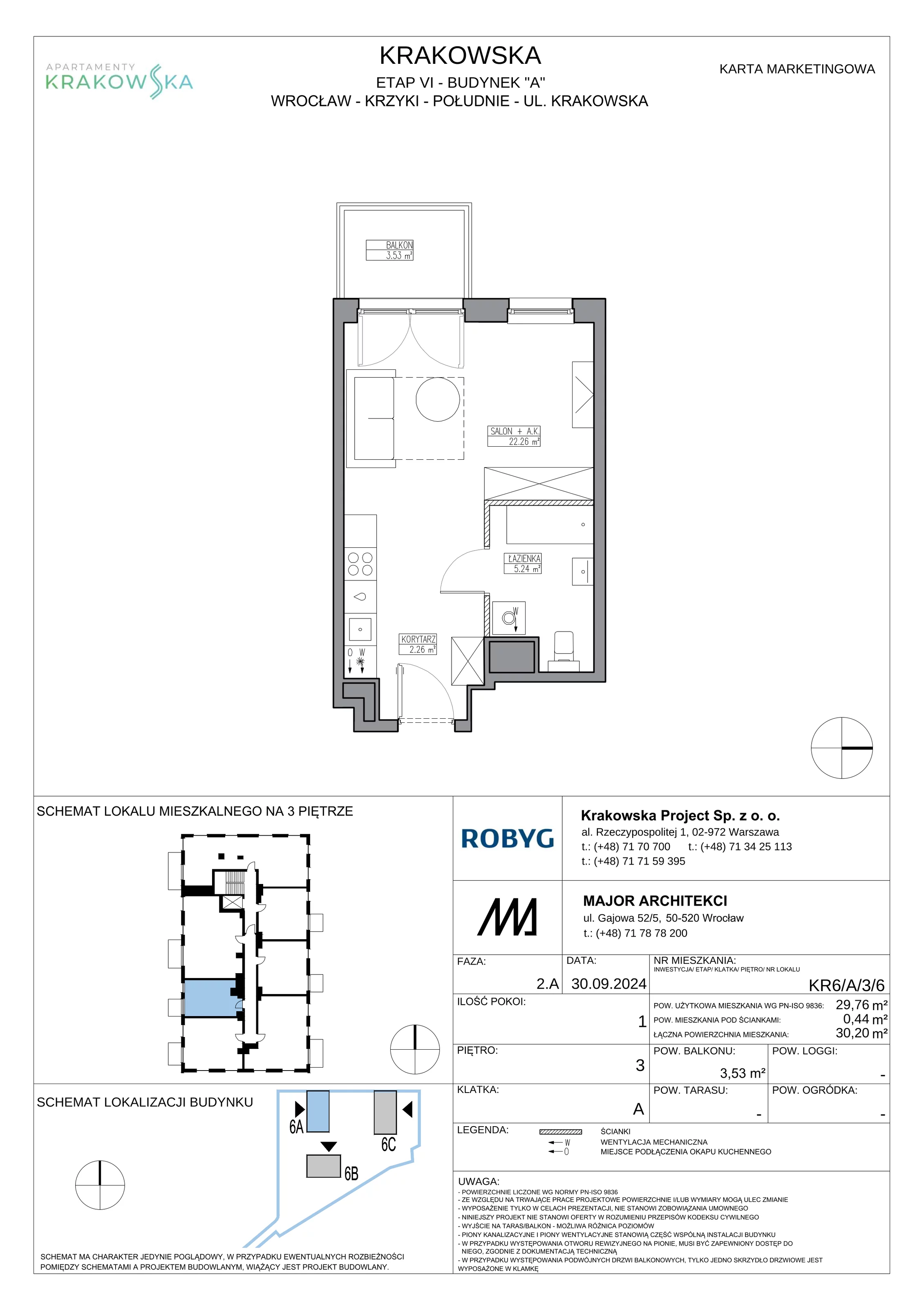 1 pokój, mieszkanie 29,76 m², piętro 3, oferta nr KR6/A/3/6, Apartamenty Krakowska 6, Wrocław, Przedmieście Oławskie, Krzyki, ul. Krakowska