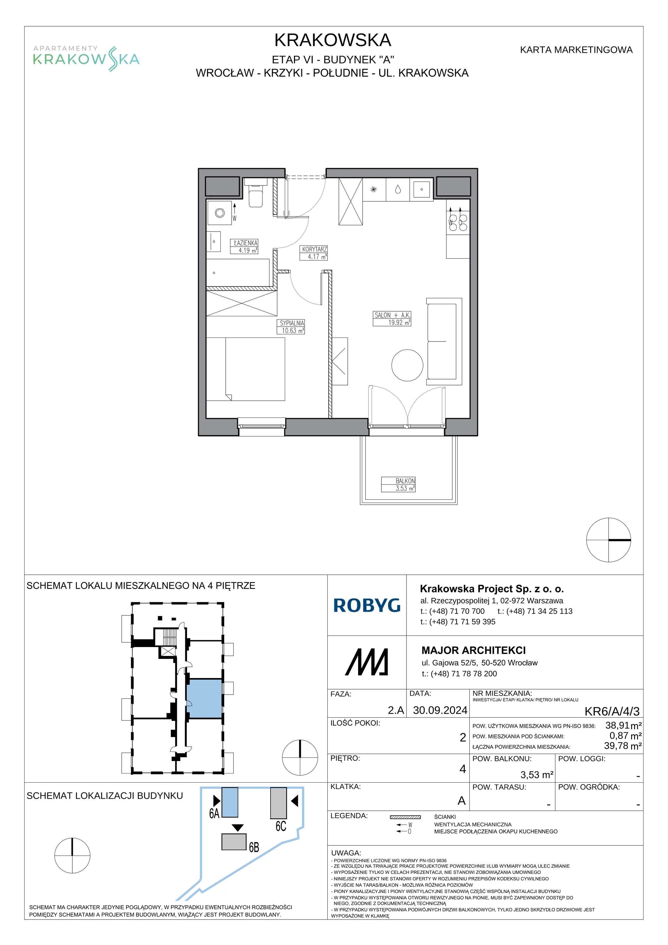 2 pokoje, mieszkanie 38,91 m², piętro 4, oferta nr KR6/A/4/3, Apartamenty Krakowska 6, Wrocław, Przedmieście Oławskie, Krzyki, ul. Krakowska