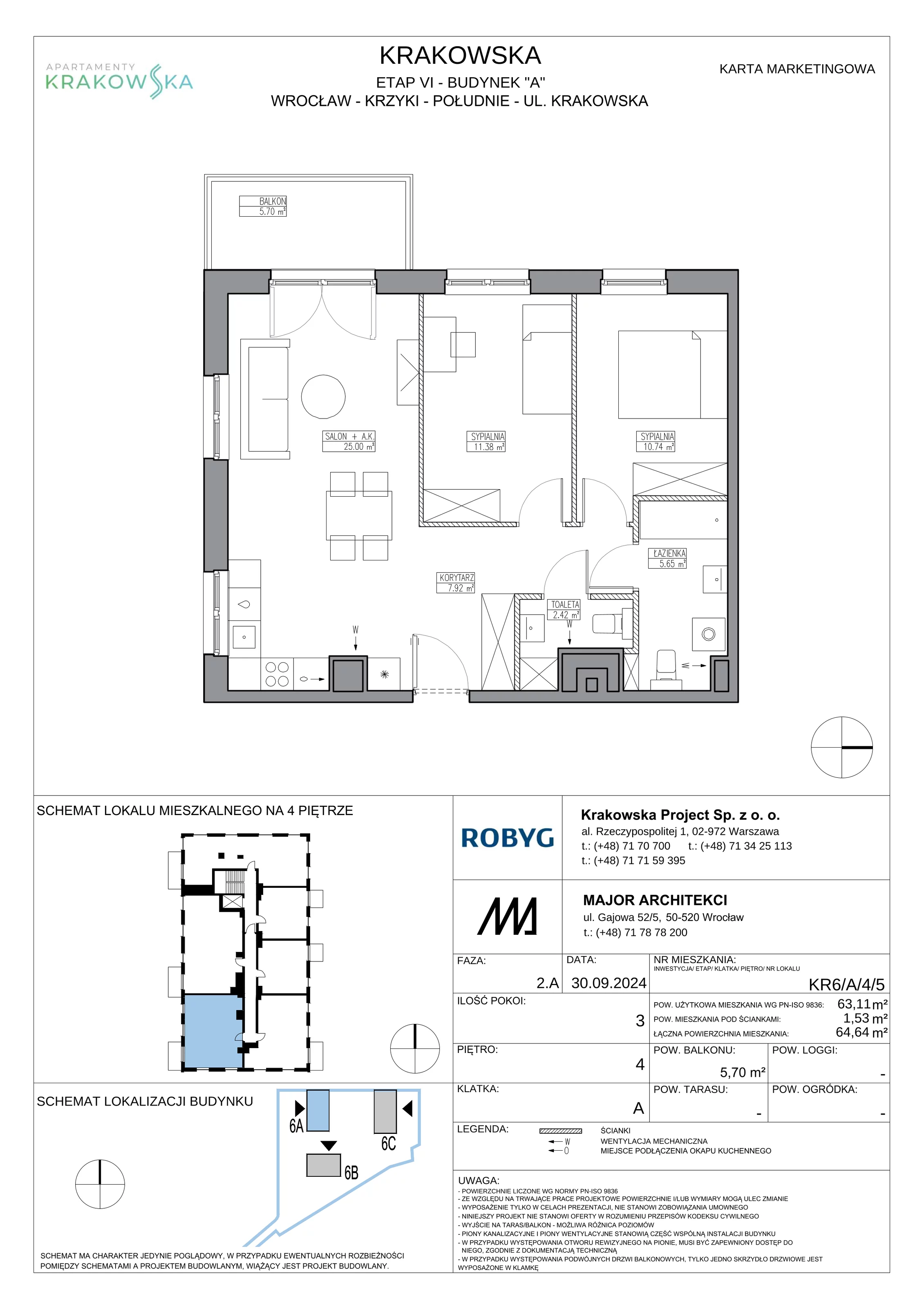 3 pokoje, mieszkanie 63,11 m², piętro 4, oferta nr KR6/A/4/5, Apartamenty Krakowska 6, Wrocław, Przedmieście Oławskie, Krzyki, ul. Krakowska