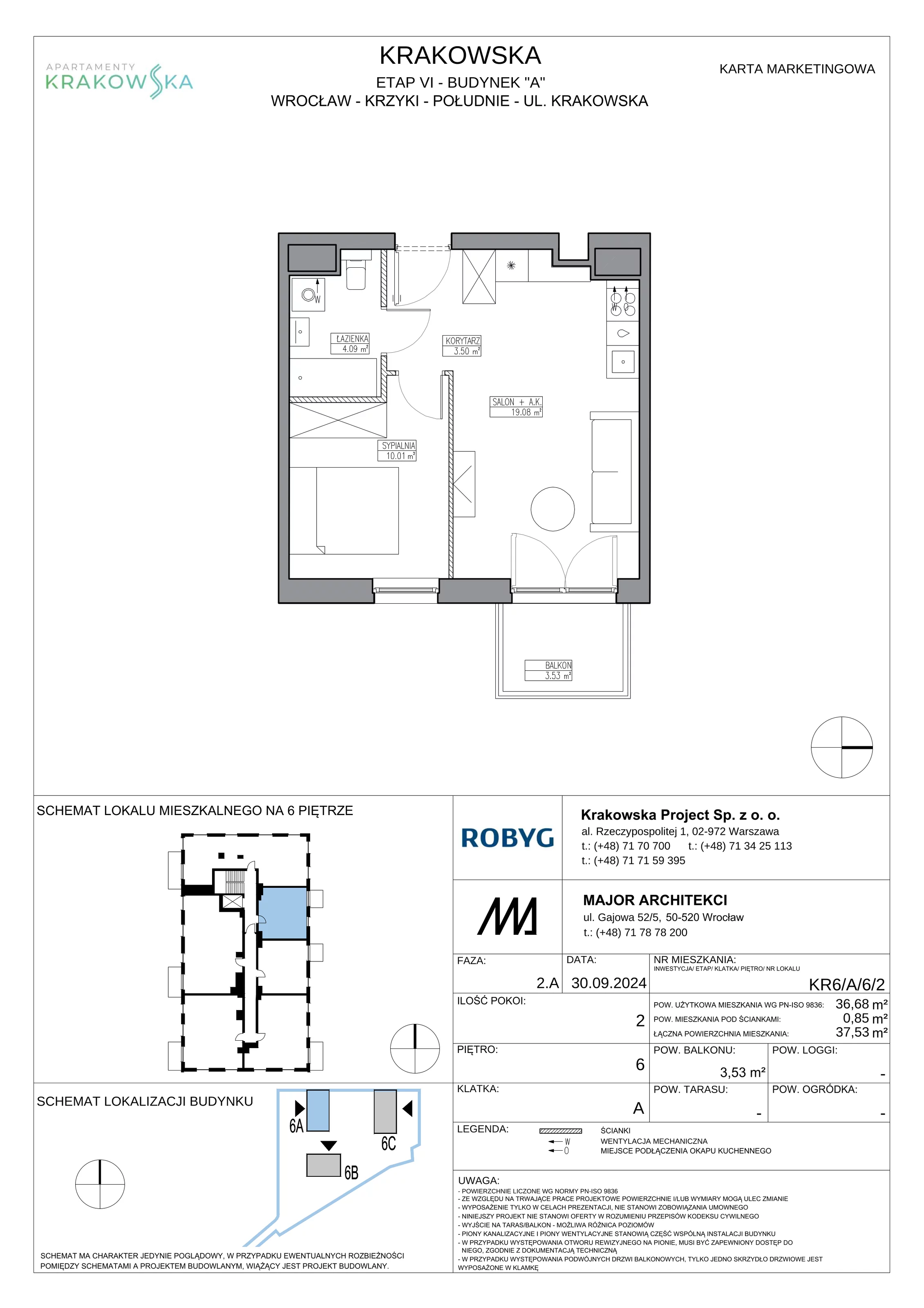 2 pokoje, mieszkanie 36,68 m², piętro 6, oferta nr KR6/A/6/2, Apartamenty Krakowska 6, Wrocław, Przedmieście Oławskie, Krzyki, ul. Krakowska
