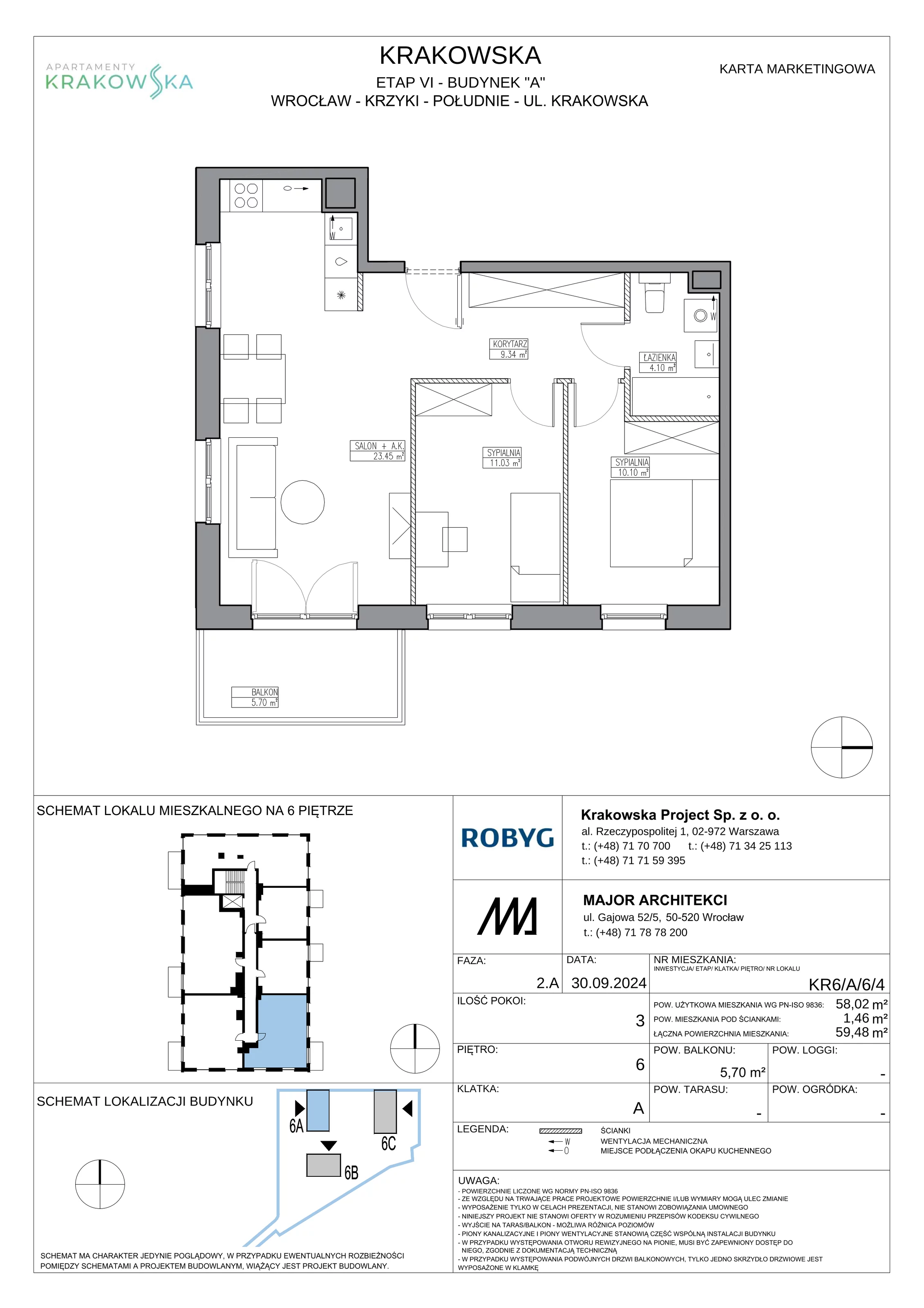 3 pokoje, mieszkanie 58,02 m², piętro 6, oferta nr KR6/A/6/4, Apartamenty Krakowska 6, Wrocław, Przedmieście Oławskie, Krzyki, ul. Krakowska