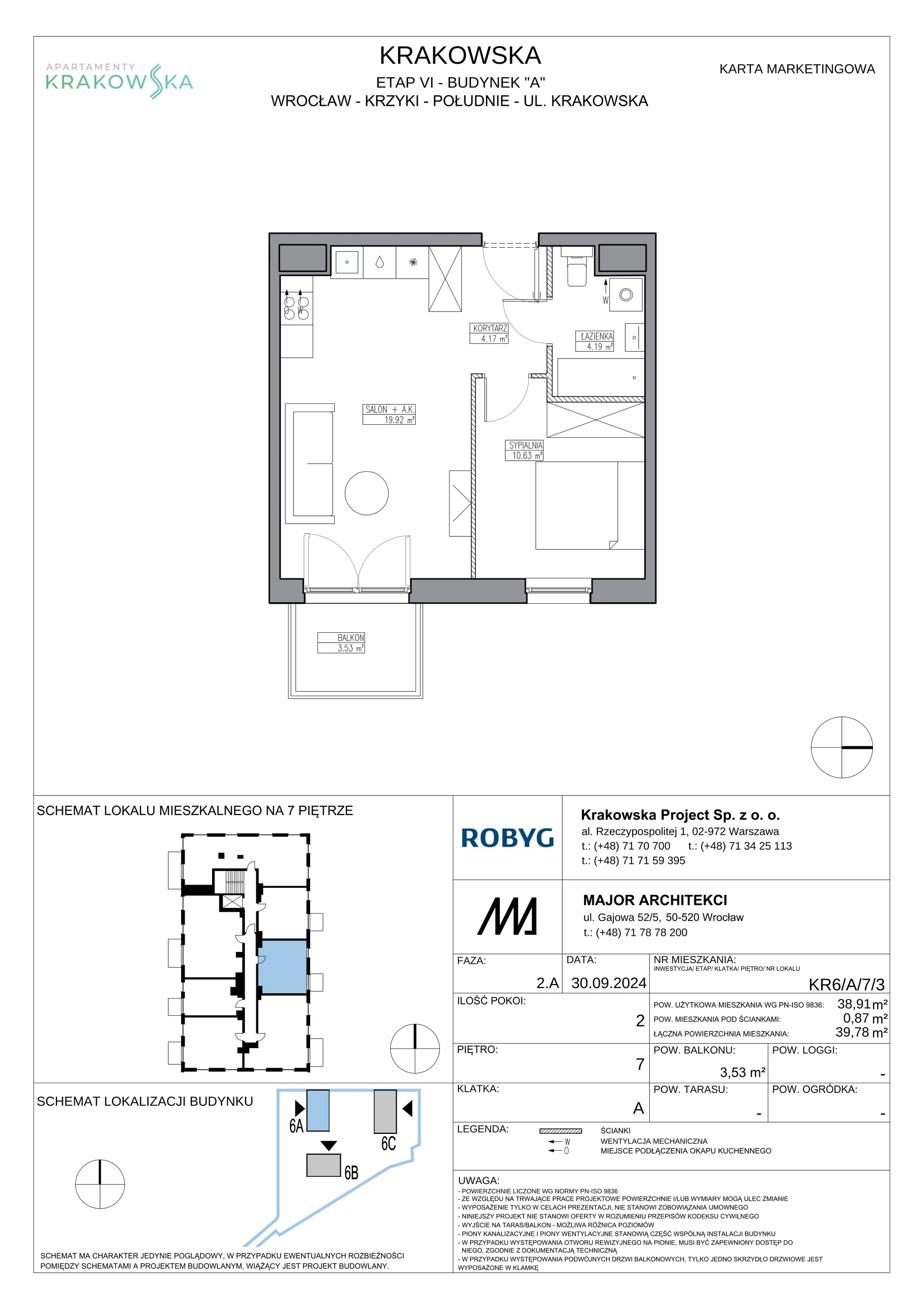 2 pokoje, mieszkanie 38,91 m², piętro 7, oferta nr KR6/A/7/3, Apartamenty Krakowska 6, Wrocław, Przedmieście Oławskie, Krzyki, ul. Krakowska
