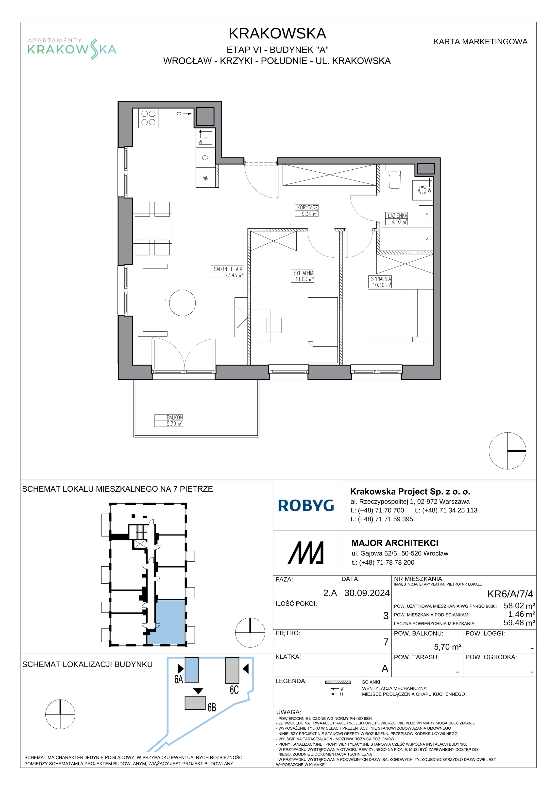 3 pokoje, mieszkanie 58,02 m², piętro 7, oferta nr KR6/A/7/4, Apartamenty Krakowska 6, Wrocław, Przedmieście Oławskie, Krzyki, ul. Krakowska