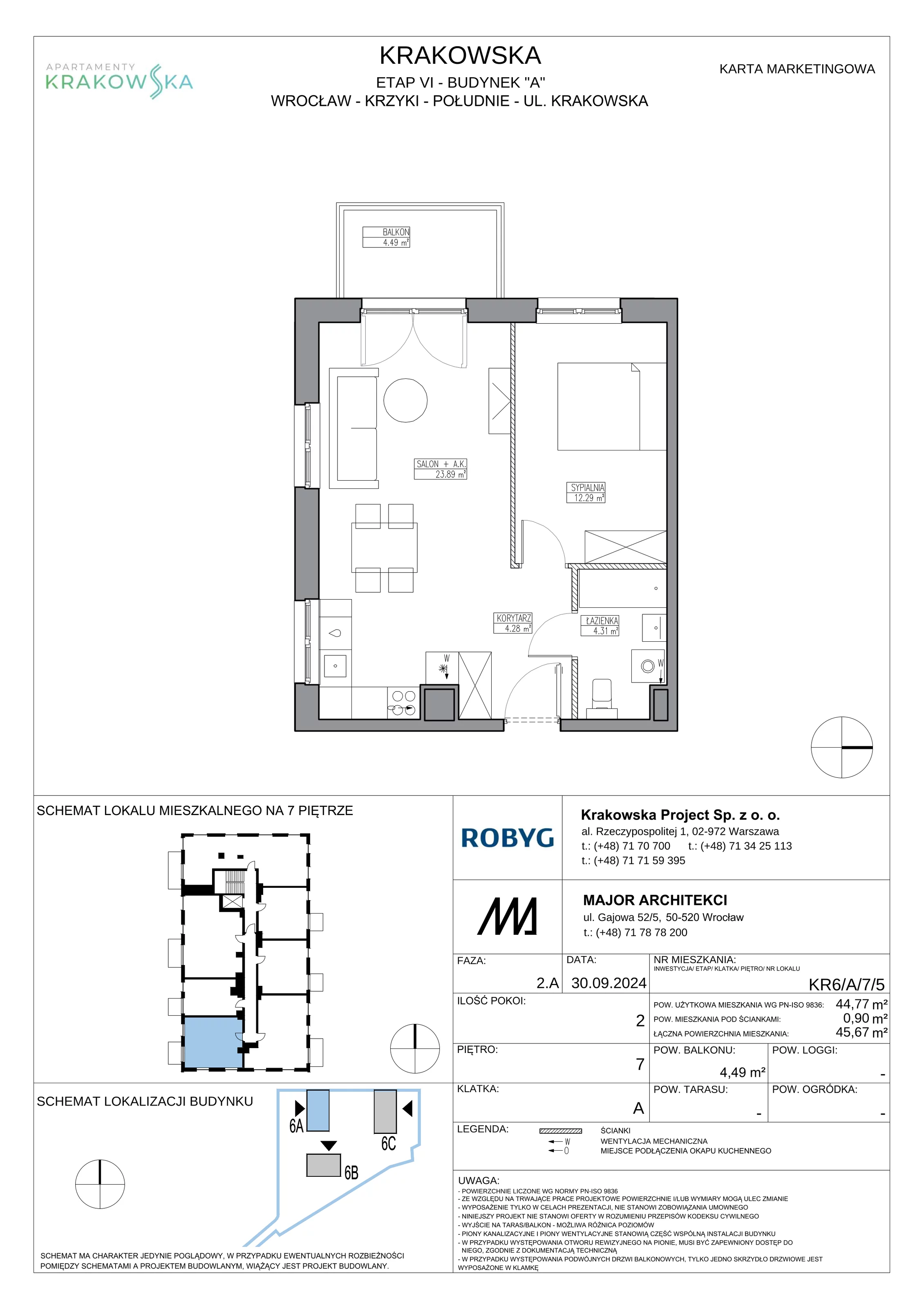 2 pokoje, mieszkanie 44,77 m², piętro 7, oferta nr KR6/A/7/5, Apartamenty Krakowska 6, Wrocław, Przedmieście Oławskie, Krzyki, ul. Krakowska