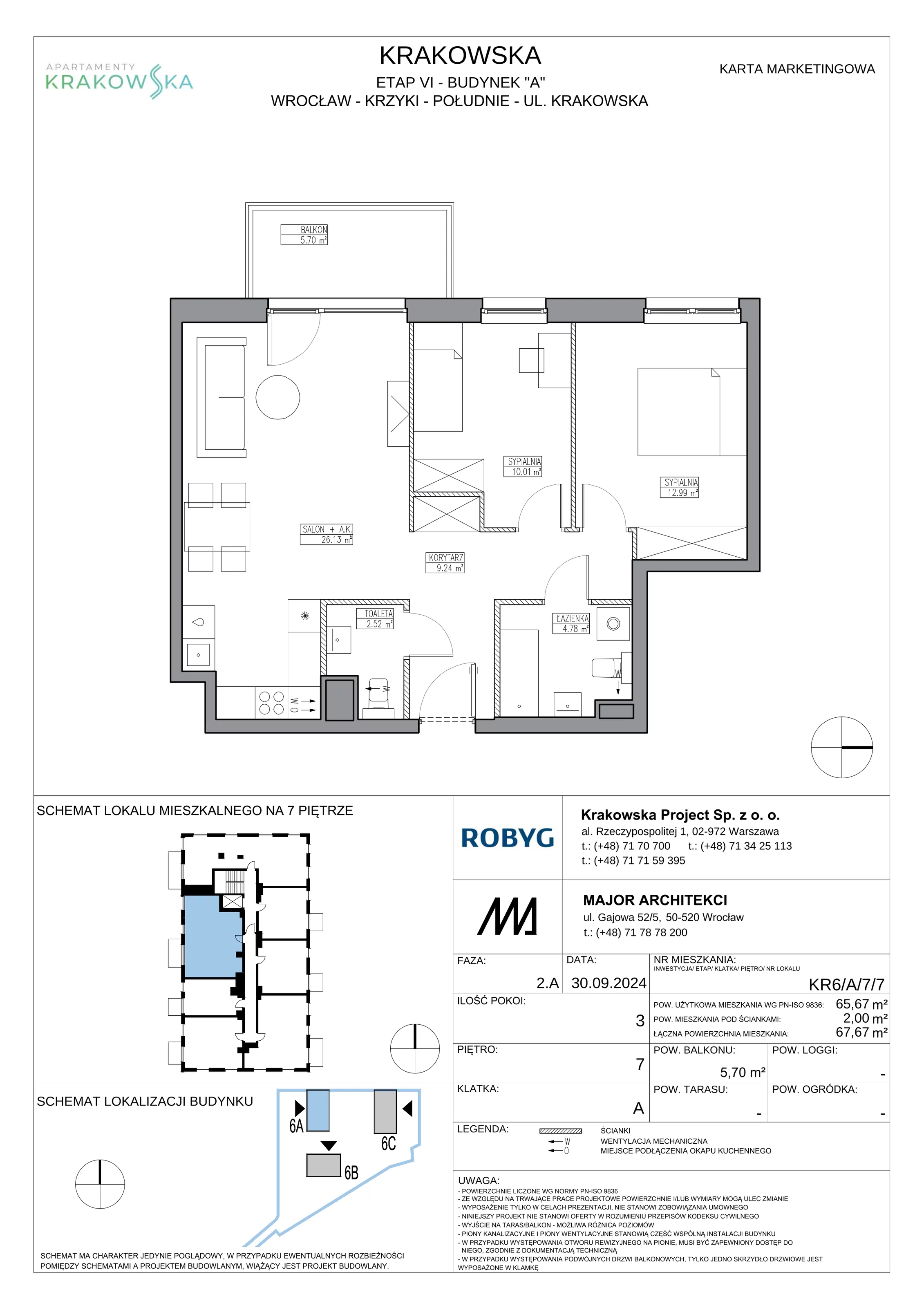 3 pokoje, mieszkanie 65,67 m², piętro 7, oferta nr KR6/A/7/7, Apartamenty Krakowska 6, Wrocław, Przedmieście Oławskie, Krzyki, ul. Krakowska
