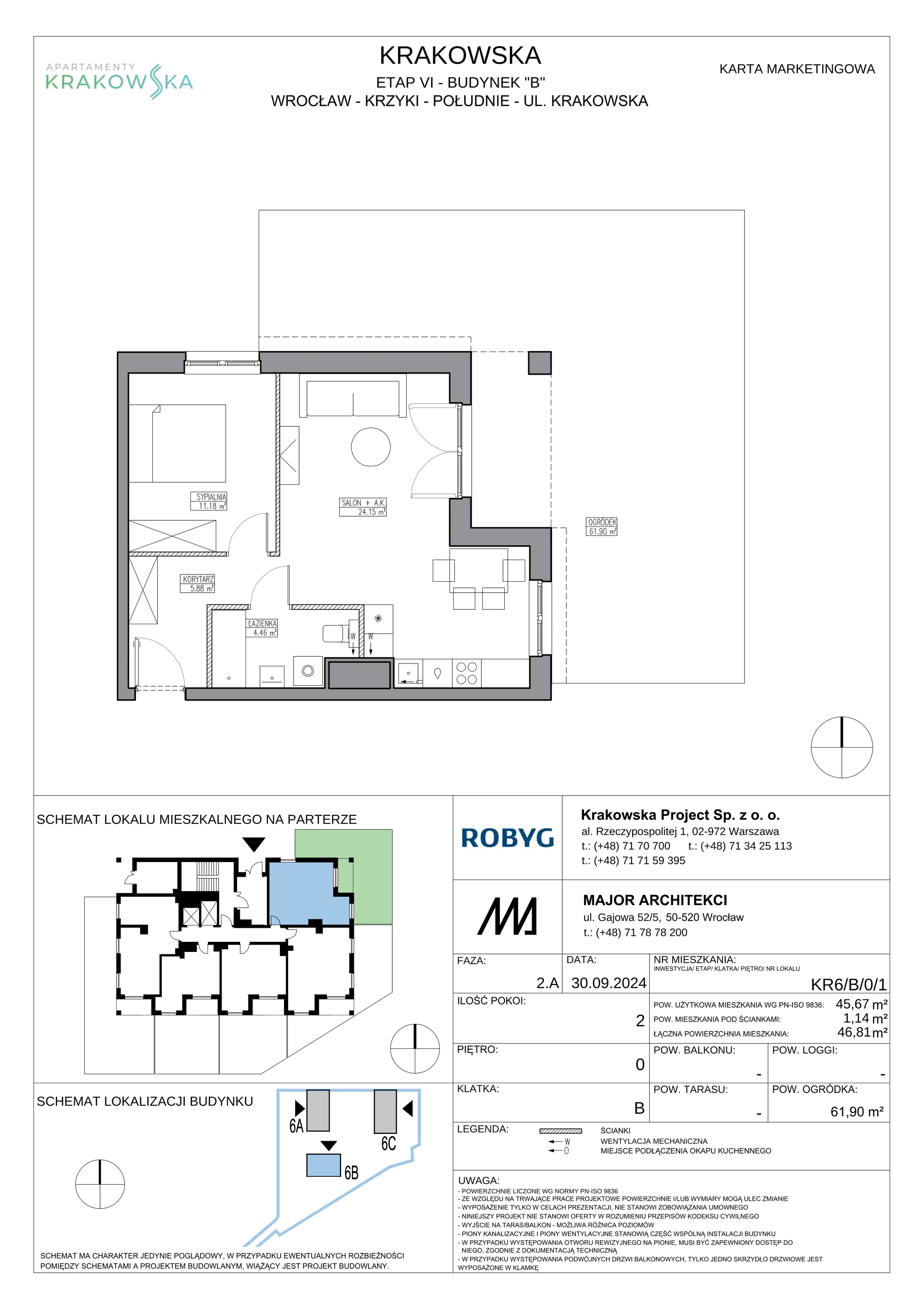 2 pokoje, mieszkanie 45,67 m², parter, oferta nr KR6/B/0/1, Apartamenty Krakowska 6, Wrocław, Przedmieście Oławskie, Krzyki, ul. Krakowska
