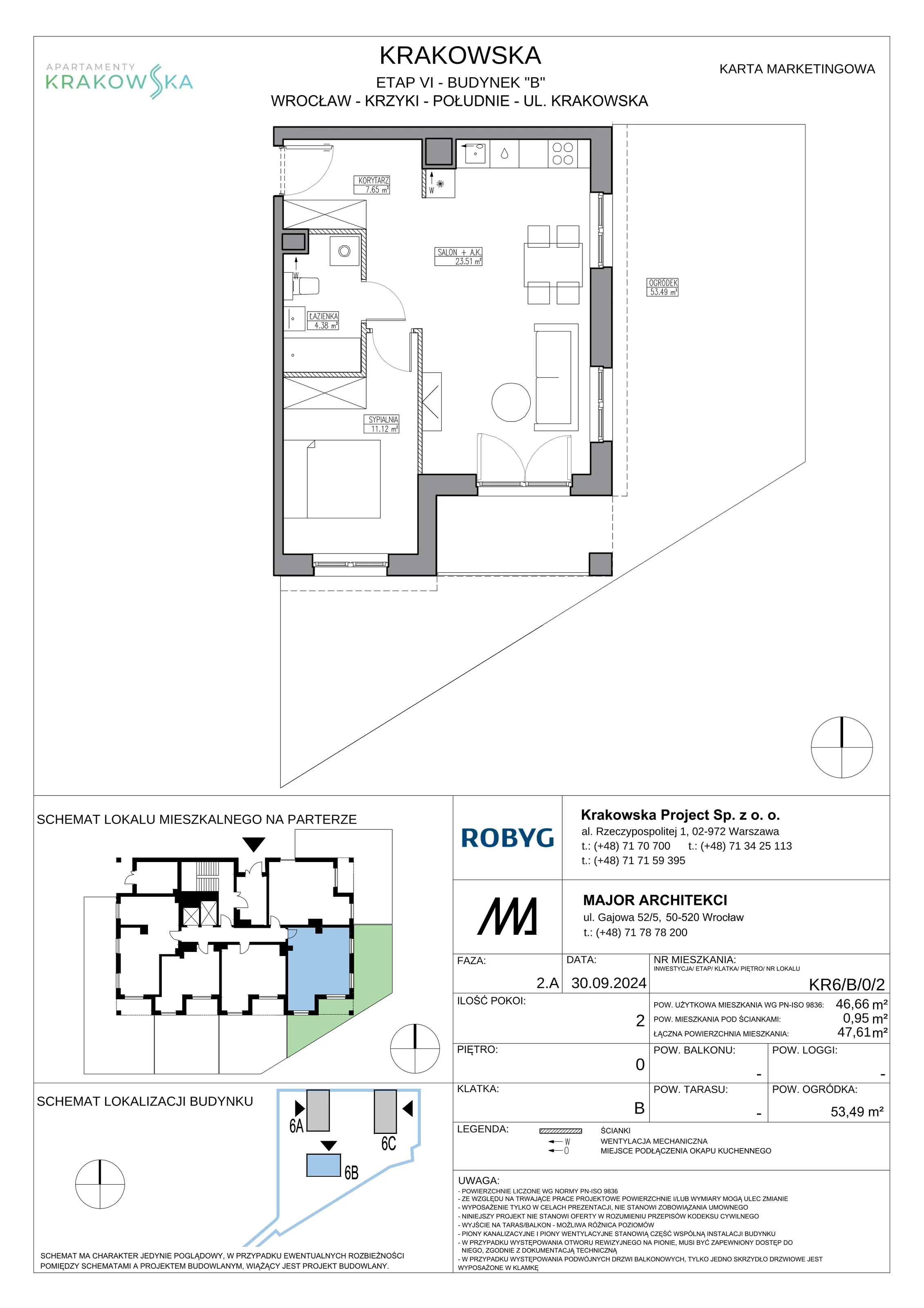 2 pokoje, mieszkanie 46,66 m², parter, oferta nr KR6/B/0/2, Apartamenty Krakowska 6, Wrocław, Przedmieście Oławskie, Krzyki, ul. Krakowska