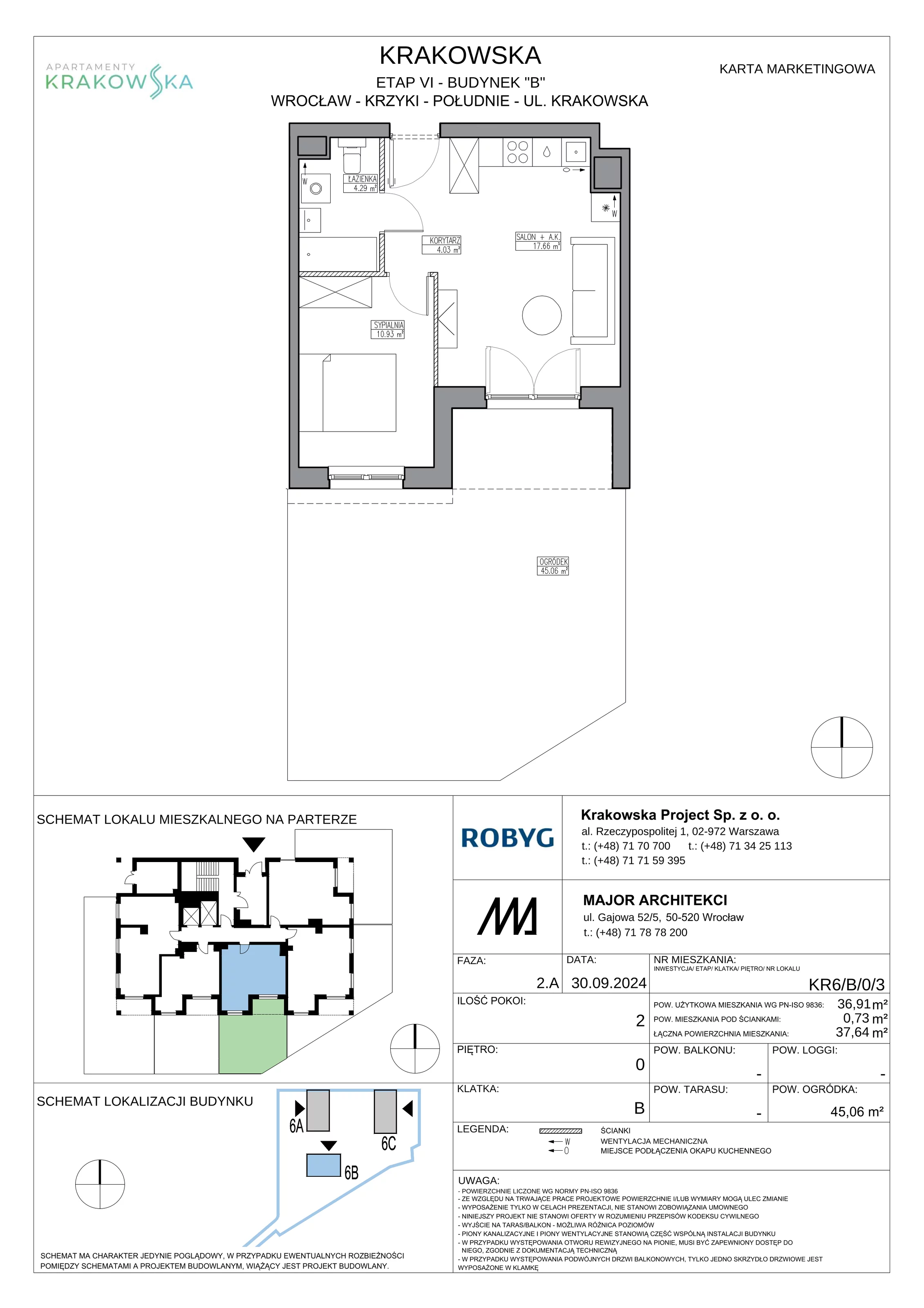 2 pokoje, mieszkanie 36,91 m², parter, oferta nr KR6/B/0/3, Apartamenty Krakowska 6, Wrocław, Przedmieście Oławskie, Krzyki, ul. Krakowska