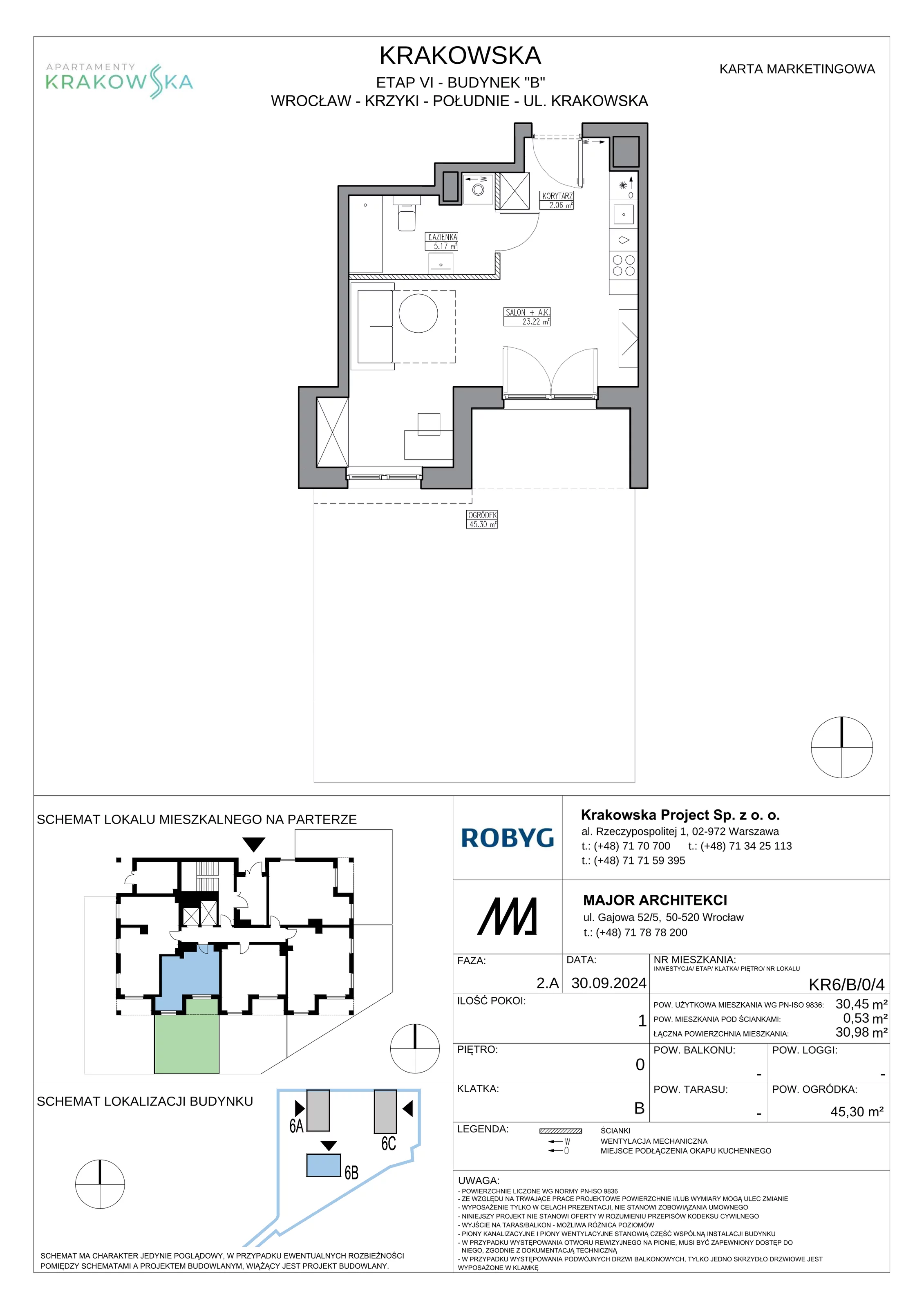1 pokój, mieszkanie 30,45 m², parter, oferta nr KR6/B/0/4, Apartamenty Krakowska 6, Wrocław, Przedmieście Oławskie, Krzyki, ul. Krakowska