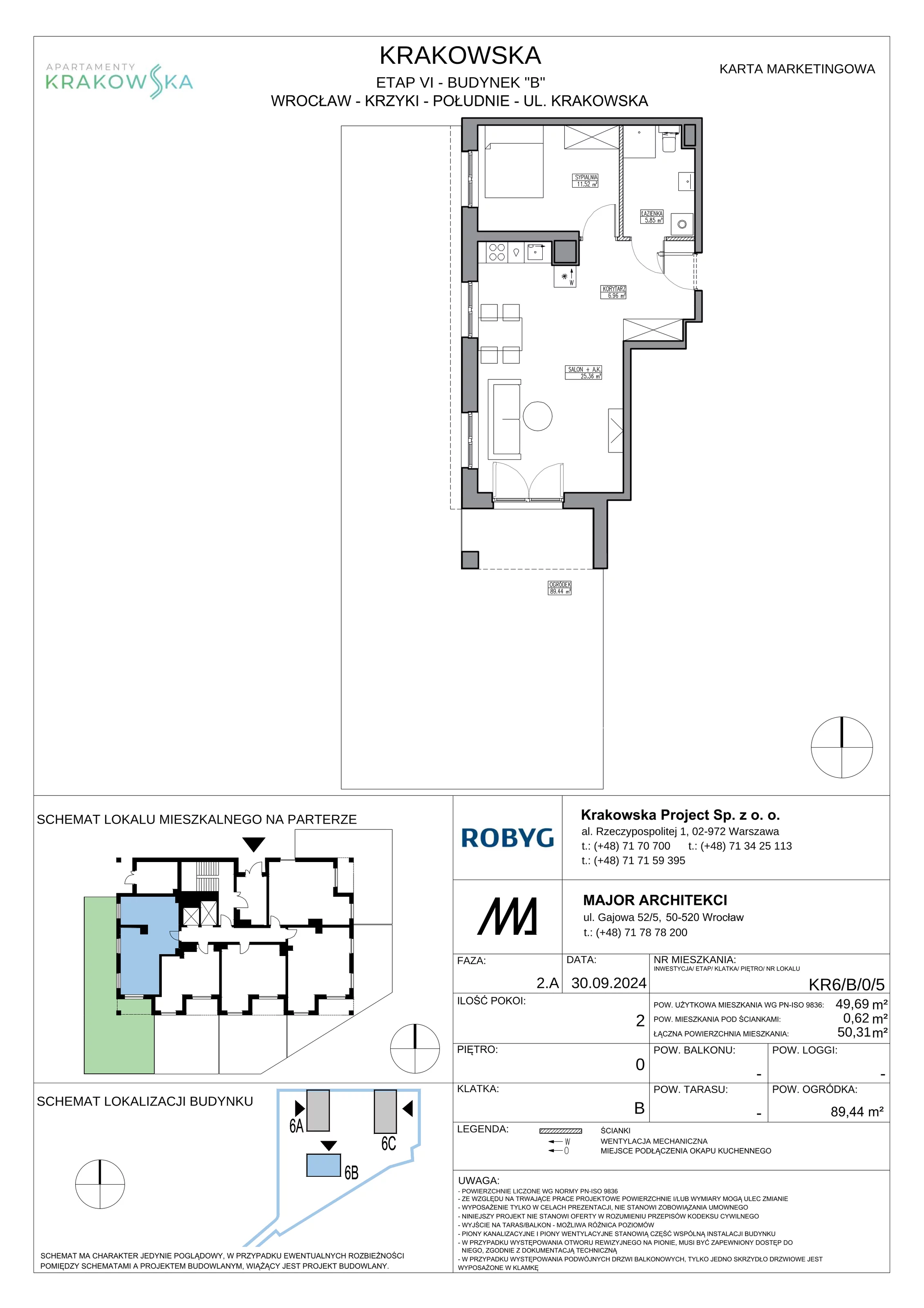 2 pokoje, mieszkanie 49,69 m², parter, oferta nr KR6/B/0/5, Apartamenty Krakowska 6, Wrocław, Przedmieście Oławskie, Krzyki, ul. Krakowska