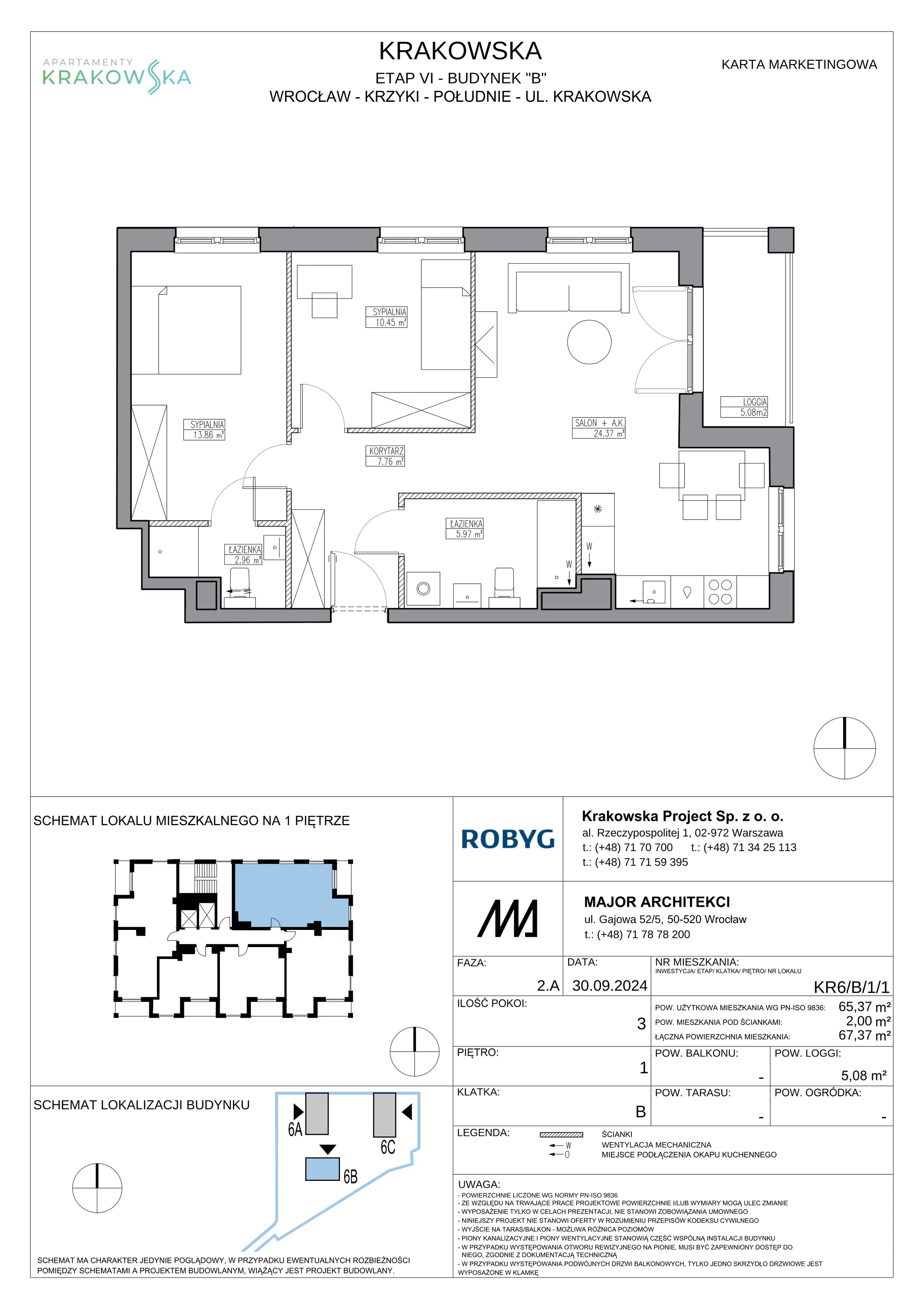 3 pokoje, mieszkanie 65,37 m², piętro 1, oferta nr KR6/B/1/1, Apartamenty Krakowska 6, Wrocław, Przedmieście Oławskie, Krzyki, ul. Krakowska