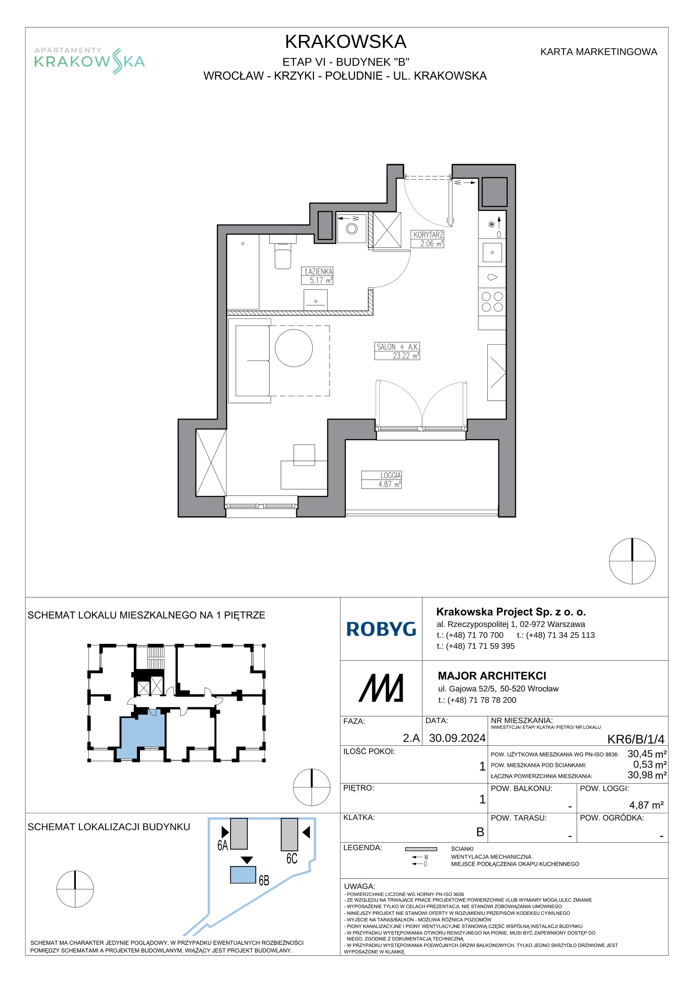 1 pokój, mieszkanie 30,45 m², piętro 1, oferta nr KR6/B/1/4, Apartamenty Krakowska 6, Wrocław, Przedmieście Oławskie, Krzyki, ul. Krakowska