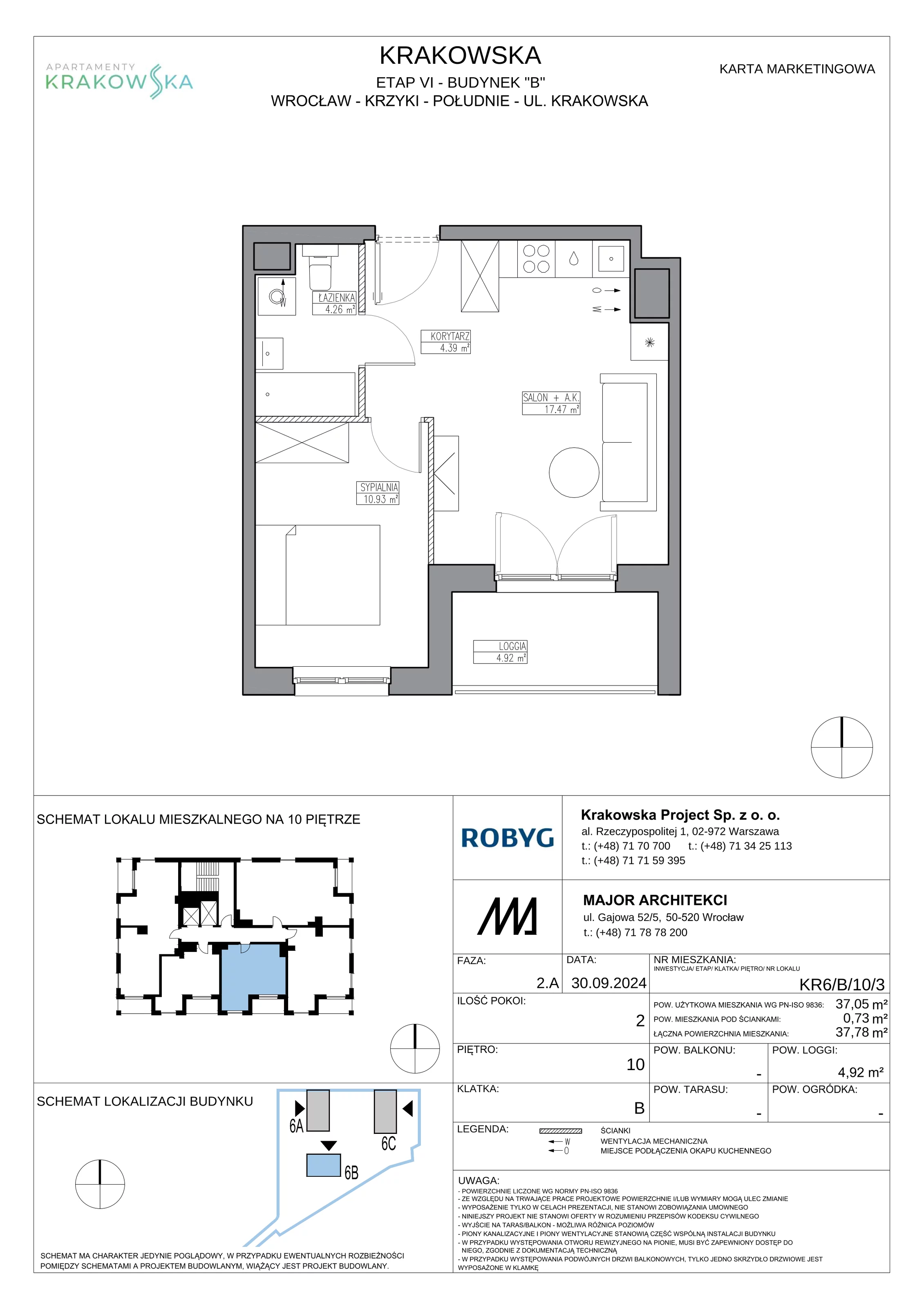2 pokoje, mieszkanie 37,05 m², piętro 10, oferta nr KR6/B/10/3, Apartamenty Krakowska 6, Wrocław, Przedmieście Oławskie, Krzyki, ul. Krakowska